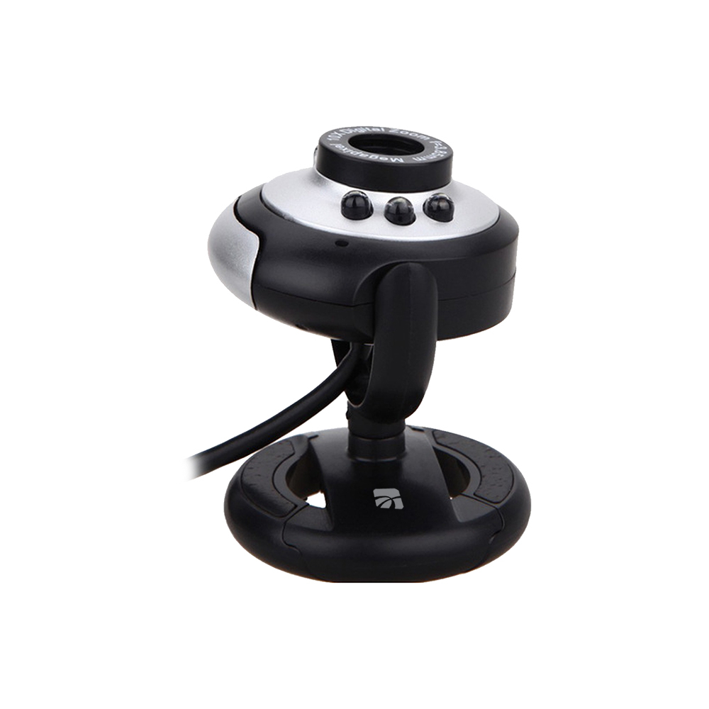 Una webcam nera e argento con tre pulsanti, su un supporto nero, con un cavo. Lo sfondo è bianco.
