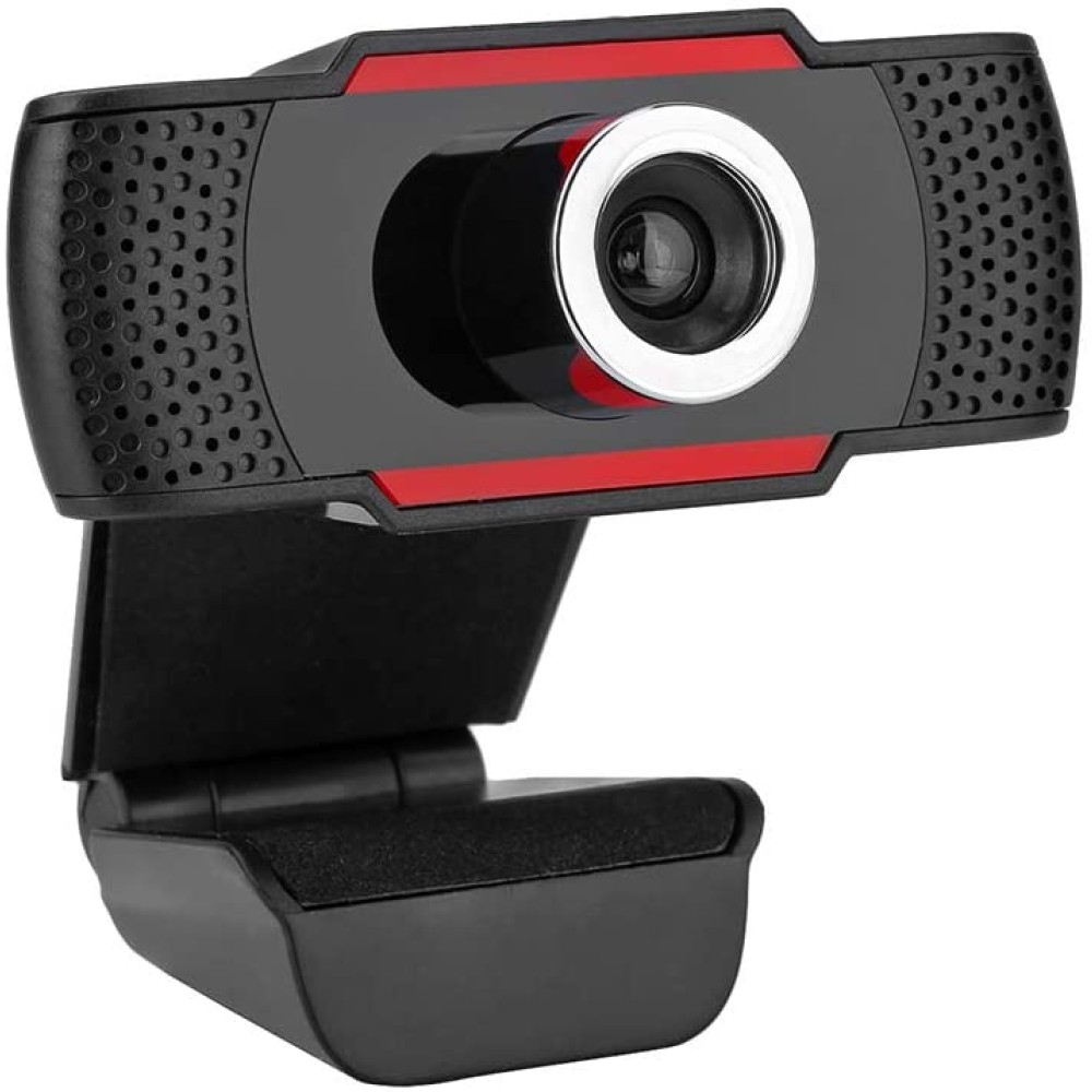 Una webcam nera con una striscia rossa, una lente centrale e una base pieghevole.