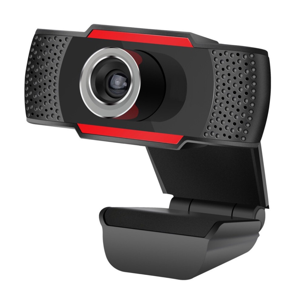 Webcam nera con dettagli rossi e lente, angolata su un supporto.