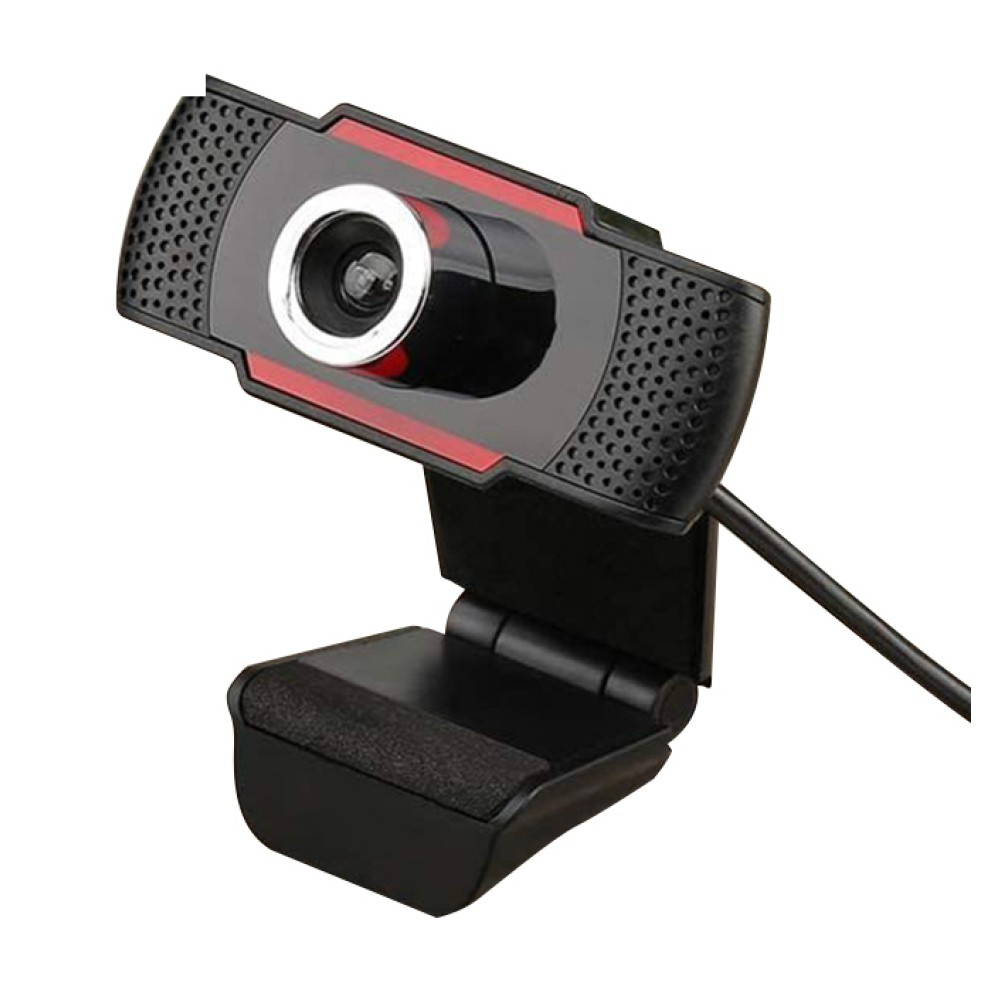 Una webcam nera con finiture rosse, montata su una base flessibile e collegata a un cavo.
