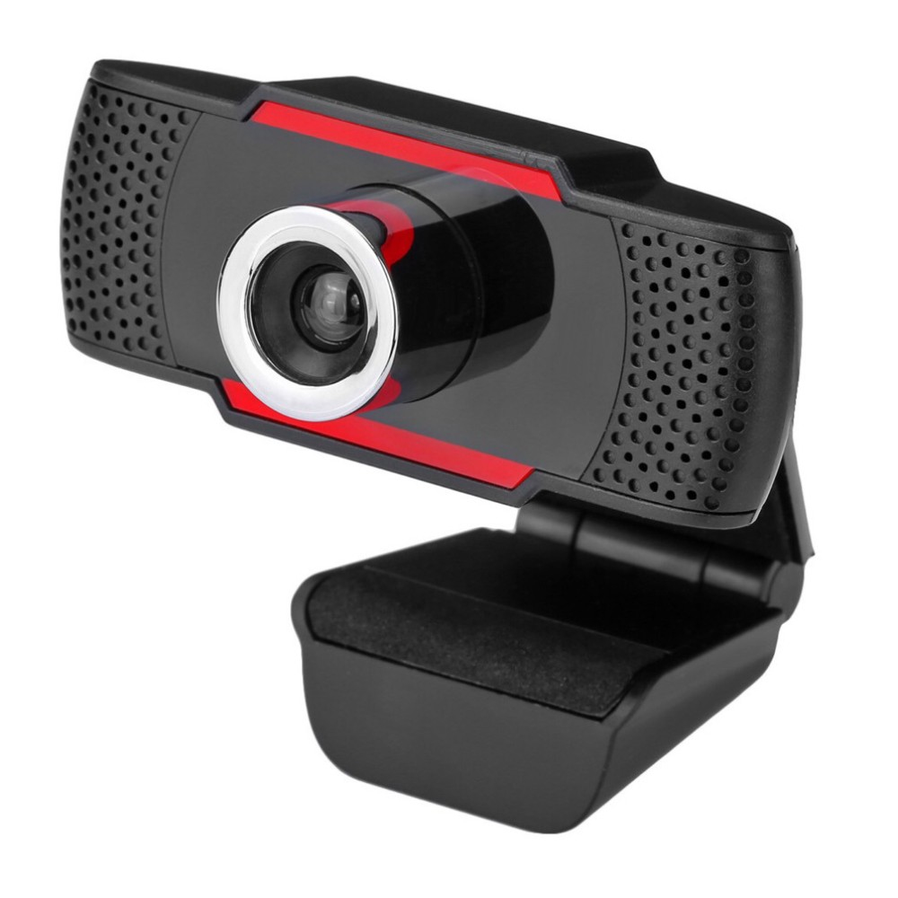Webcam nera con dettaglio a striscia rossa, su un supporto.