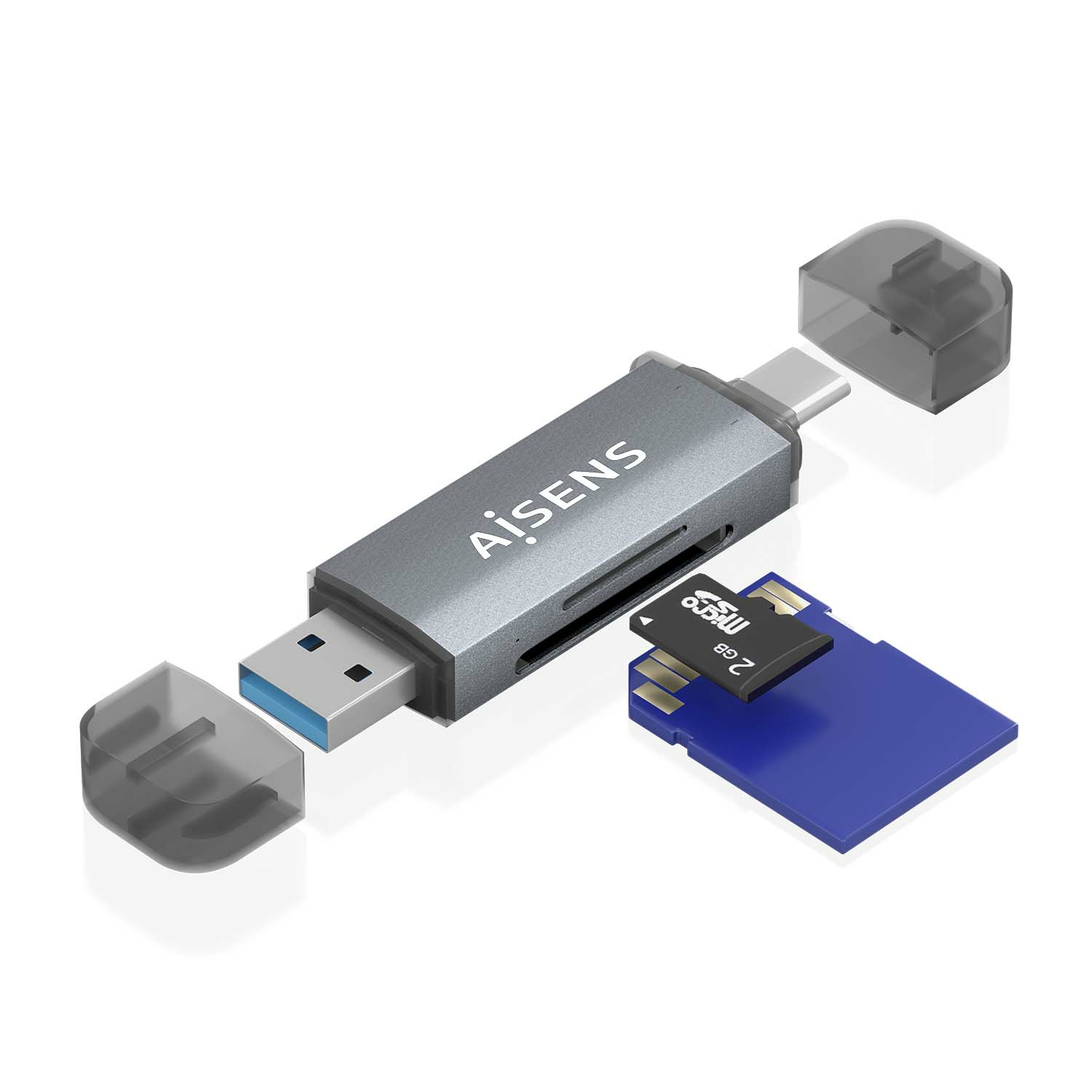 Szary czytnik kart z końcówkami USB i USB-C, kartą SD i niebieską kartą SD na białym tle.