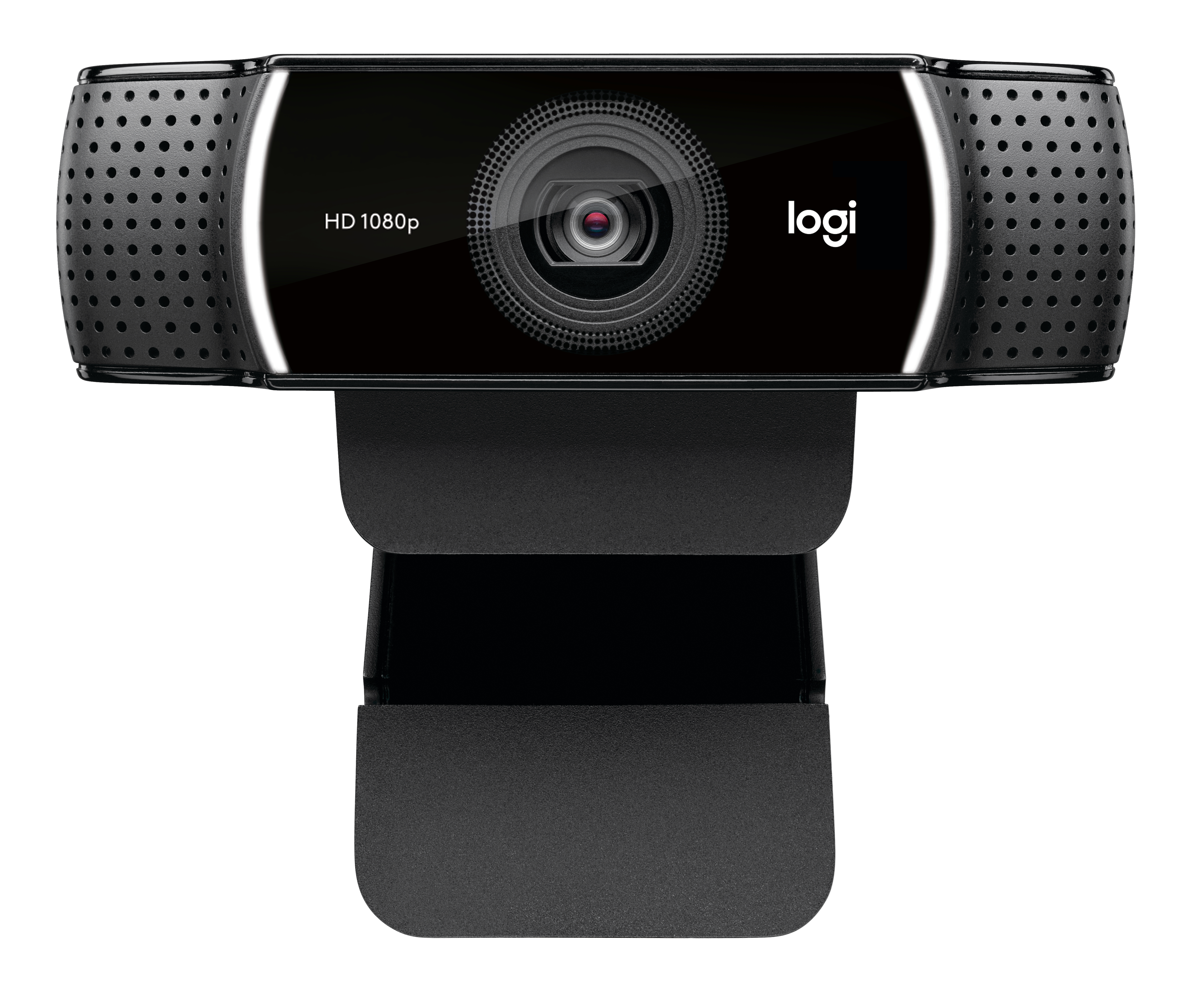 Una webcam Logitech nera con risoluzione HD 1080p, montata su un supporto regolabile, su sfondo bianco.