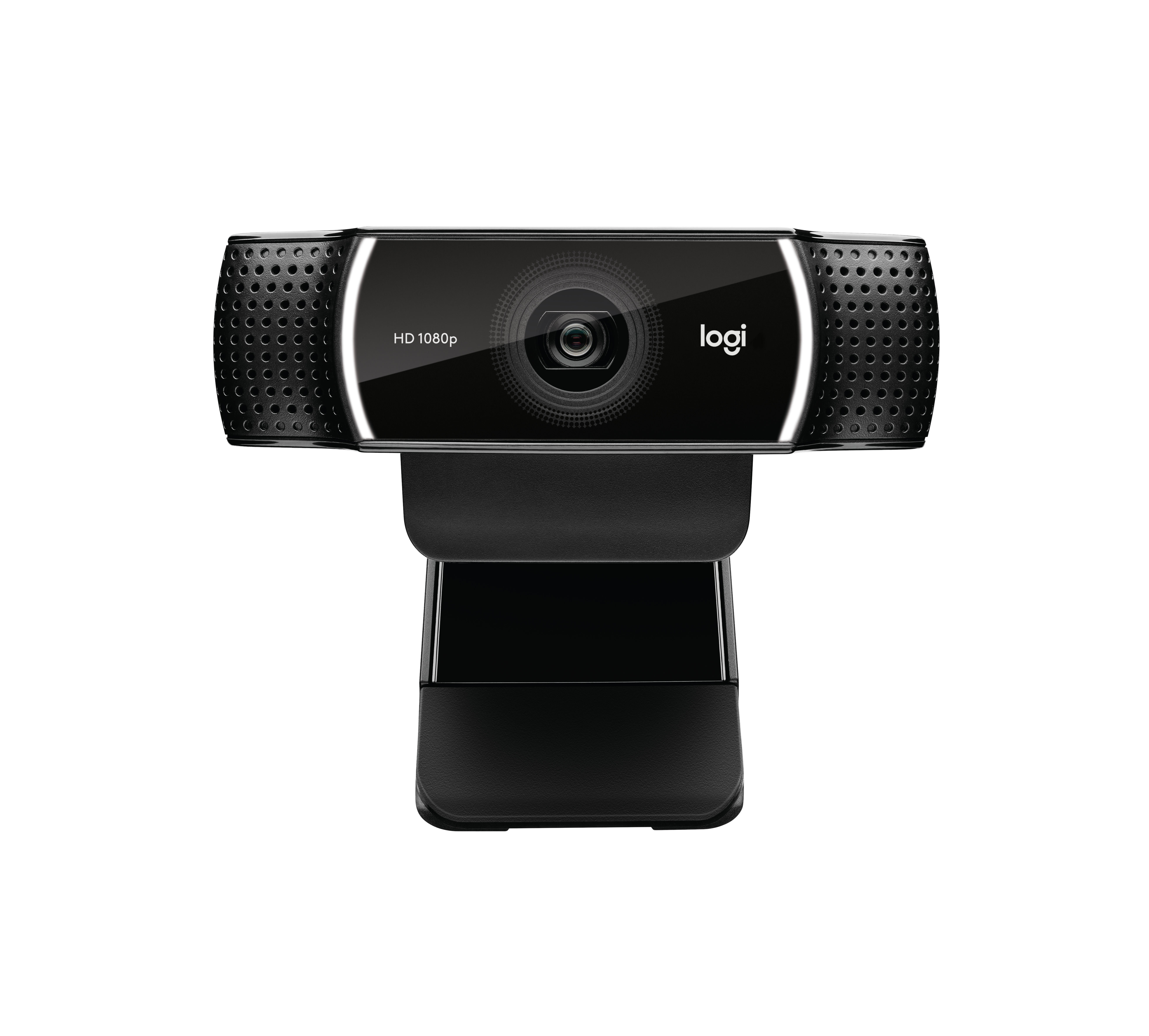 Webcam Logitech nera con risoluzione HD 1080p, montata su un supporto, su sfondo bianco.
