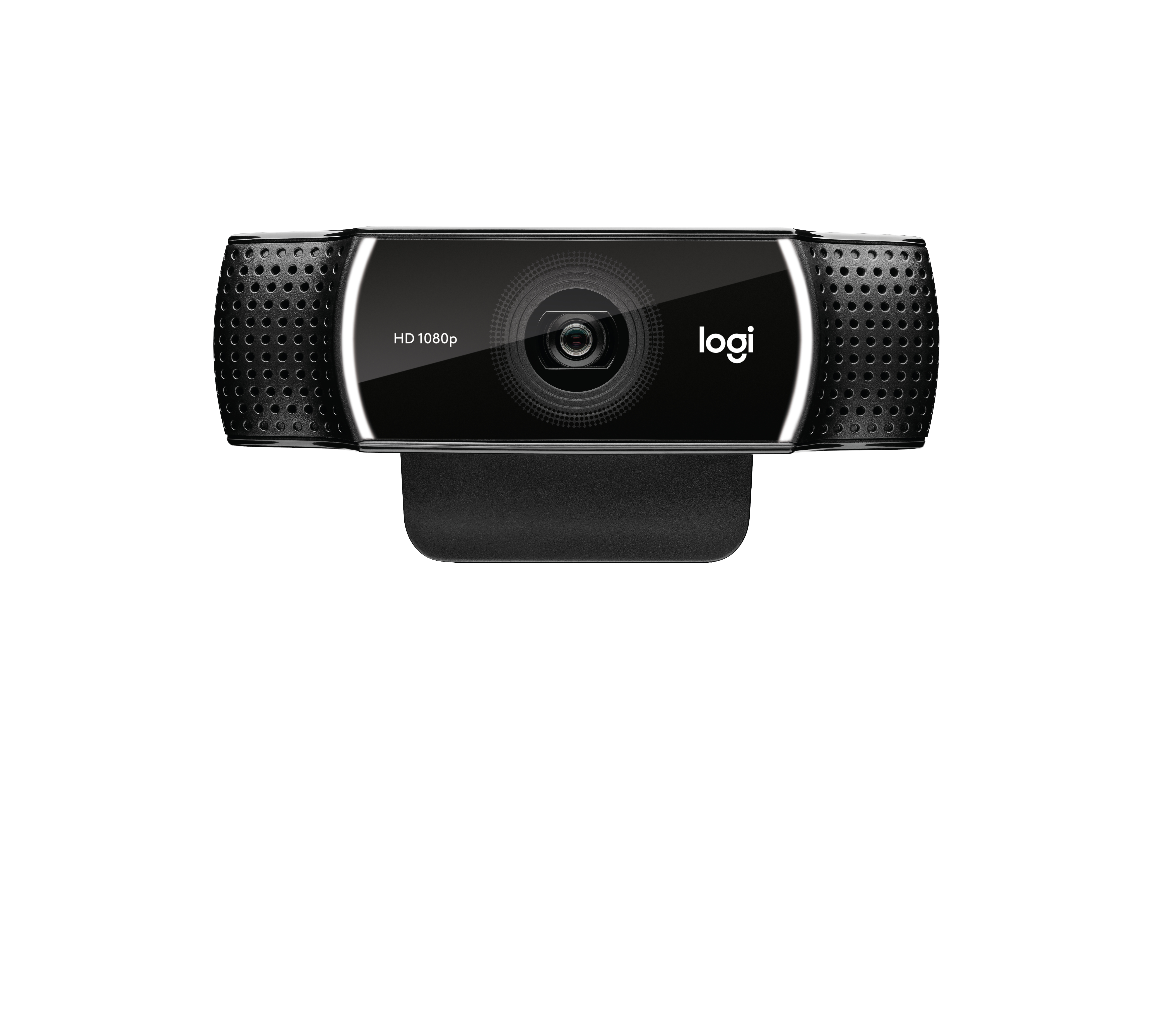 Una webcam Logitech nera. La fotocamera ha un obiettivo, logo HD 1080p e fori laterali.