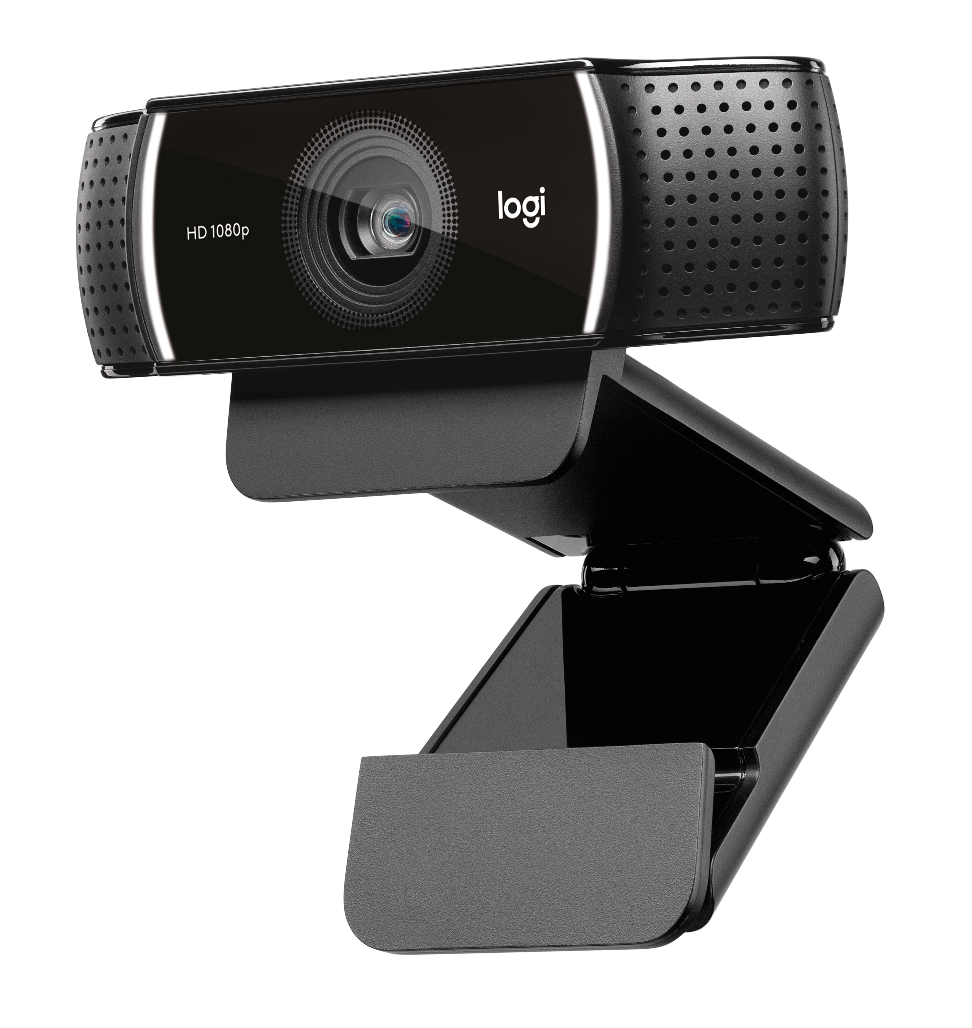 Webcam Logitech nera con risoluzione HD 1080p, montata su supporto regolabile, su sfondo bianco.