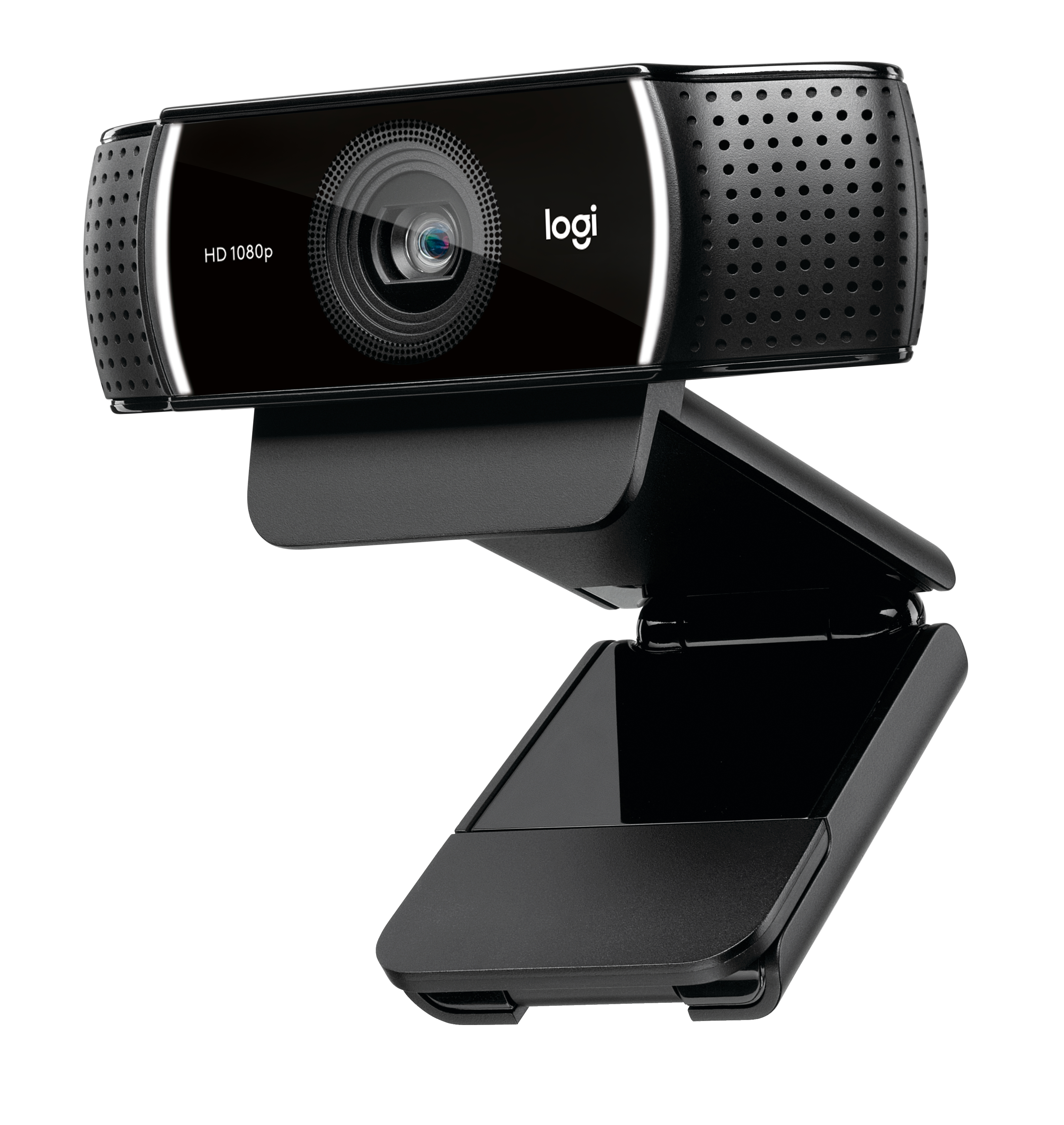 Una webcam Logitech HD 1080p nera con supporto nero e obiettivo nero.