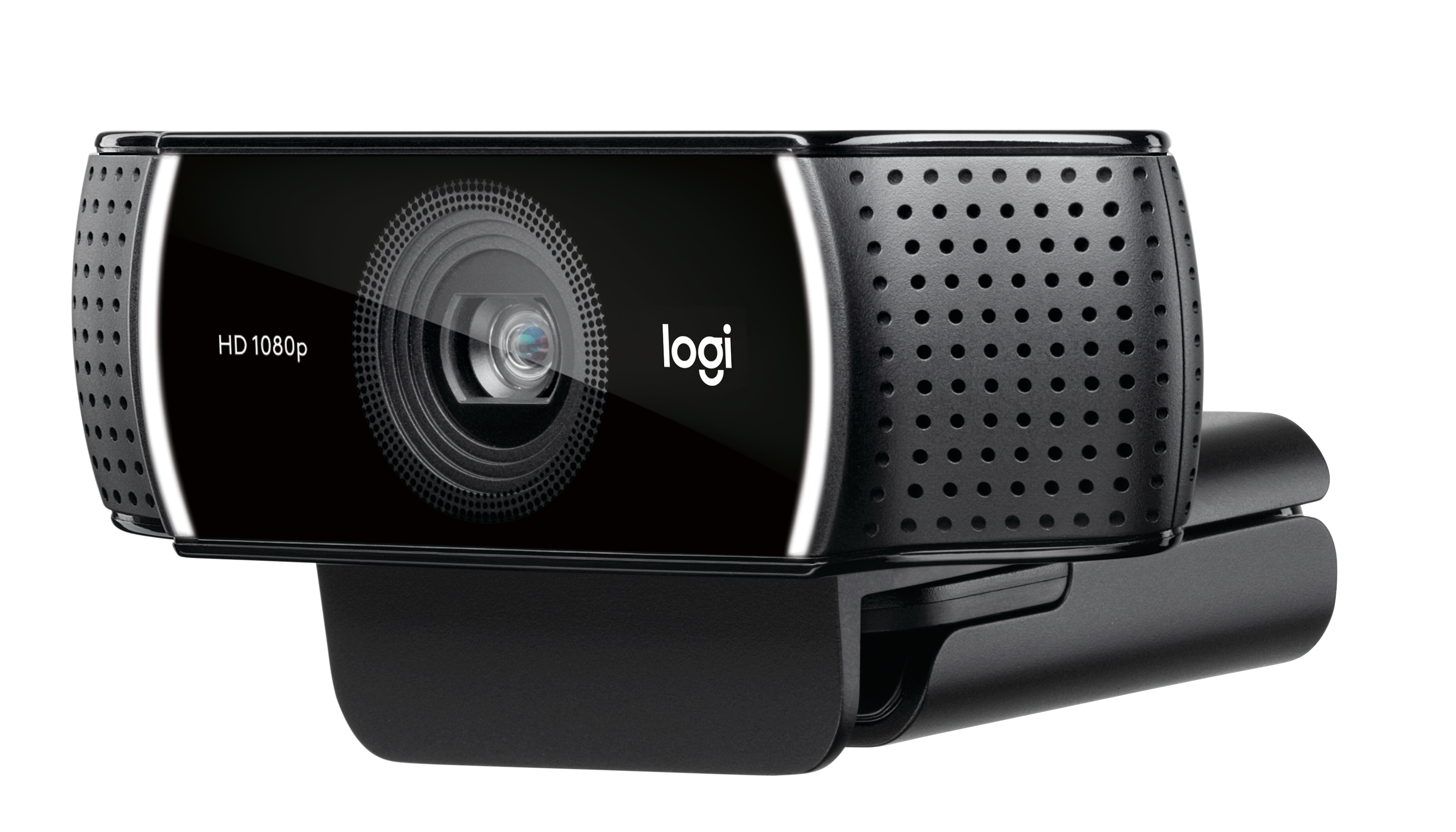 Webcam Logitech nera con lente, logo HD 1080p e fori per altoparlanti. Ha una base nera.