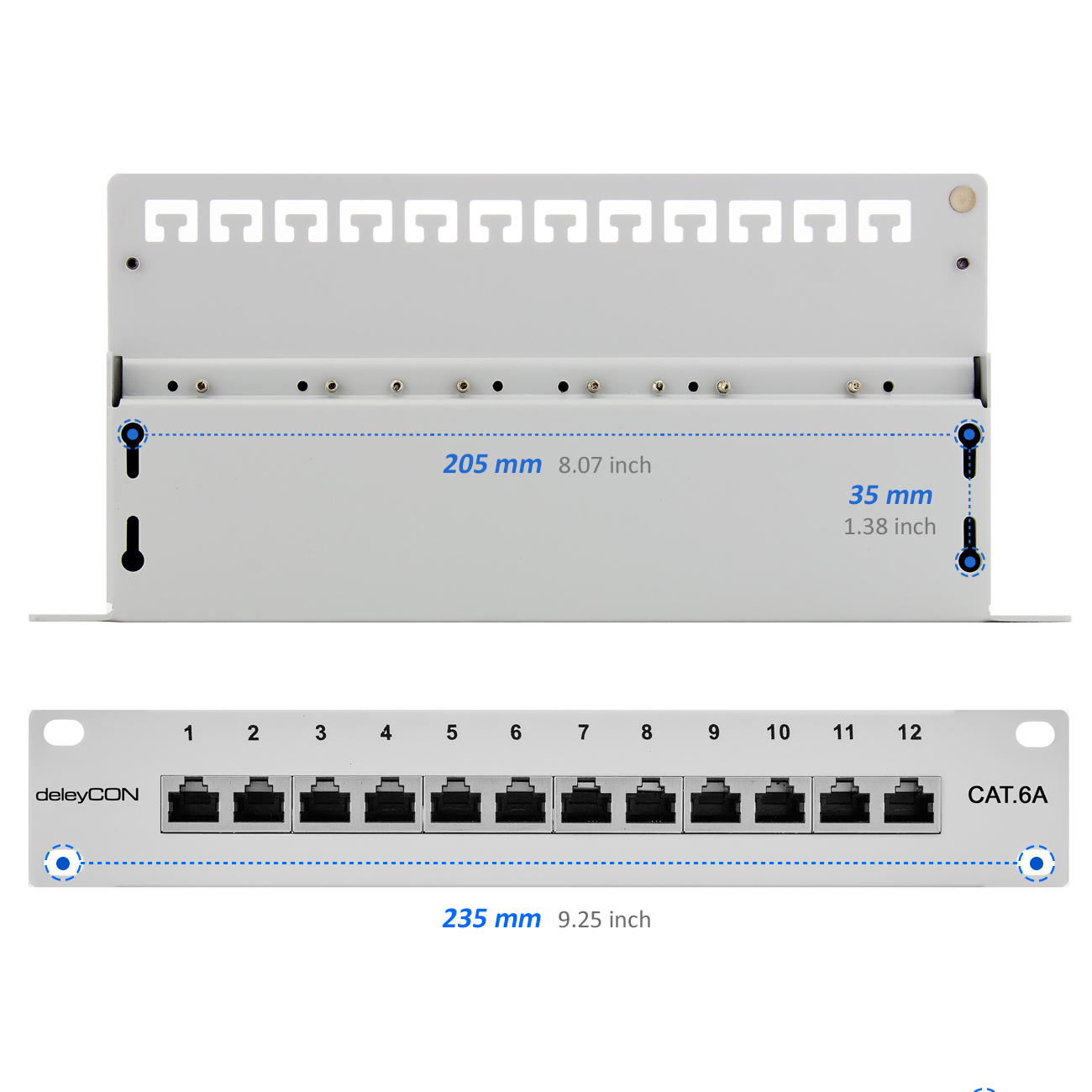 Ein Netzwerk-Patchpanel mit Anschlüssen und Abmessungen, mit weißem Hintergrund.