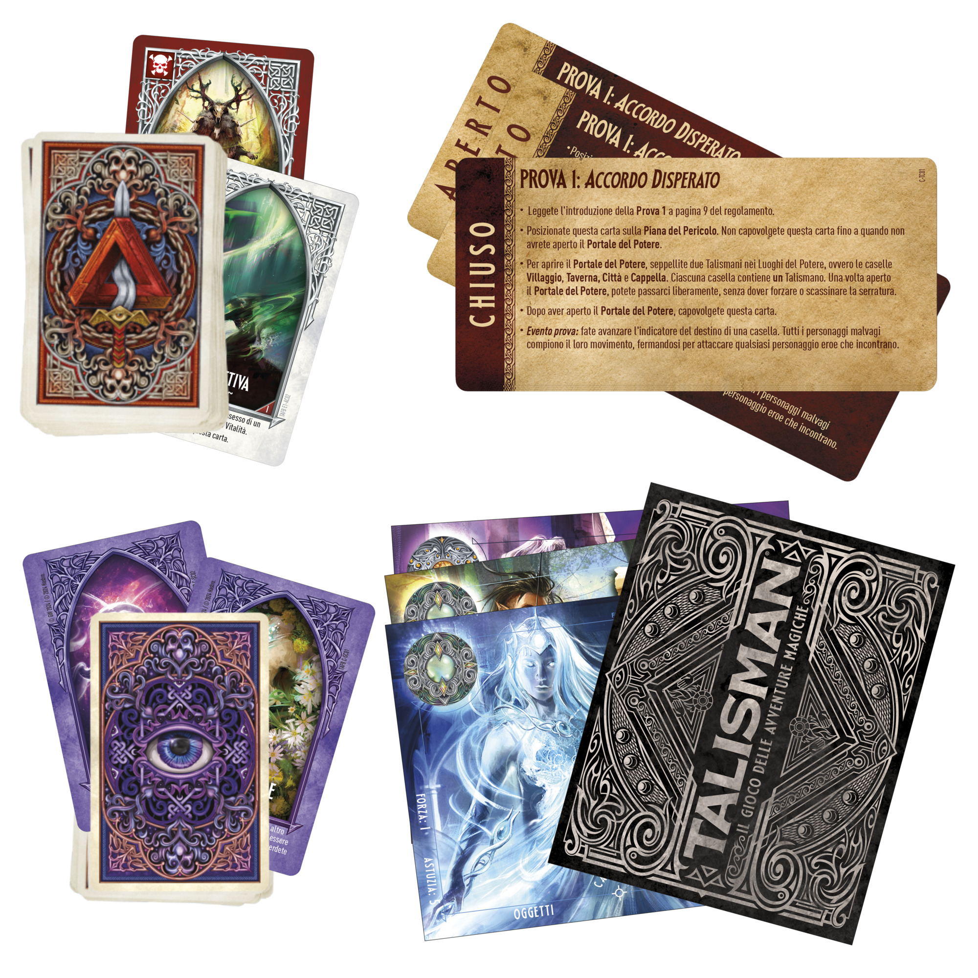 Cards and text, game cards with various designs, and instructions. 
