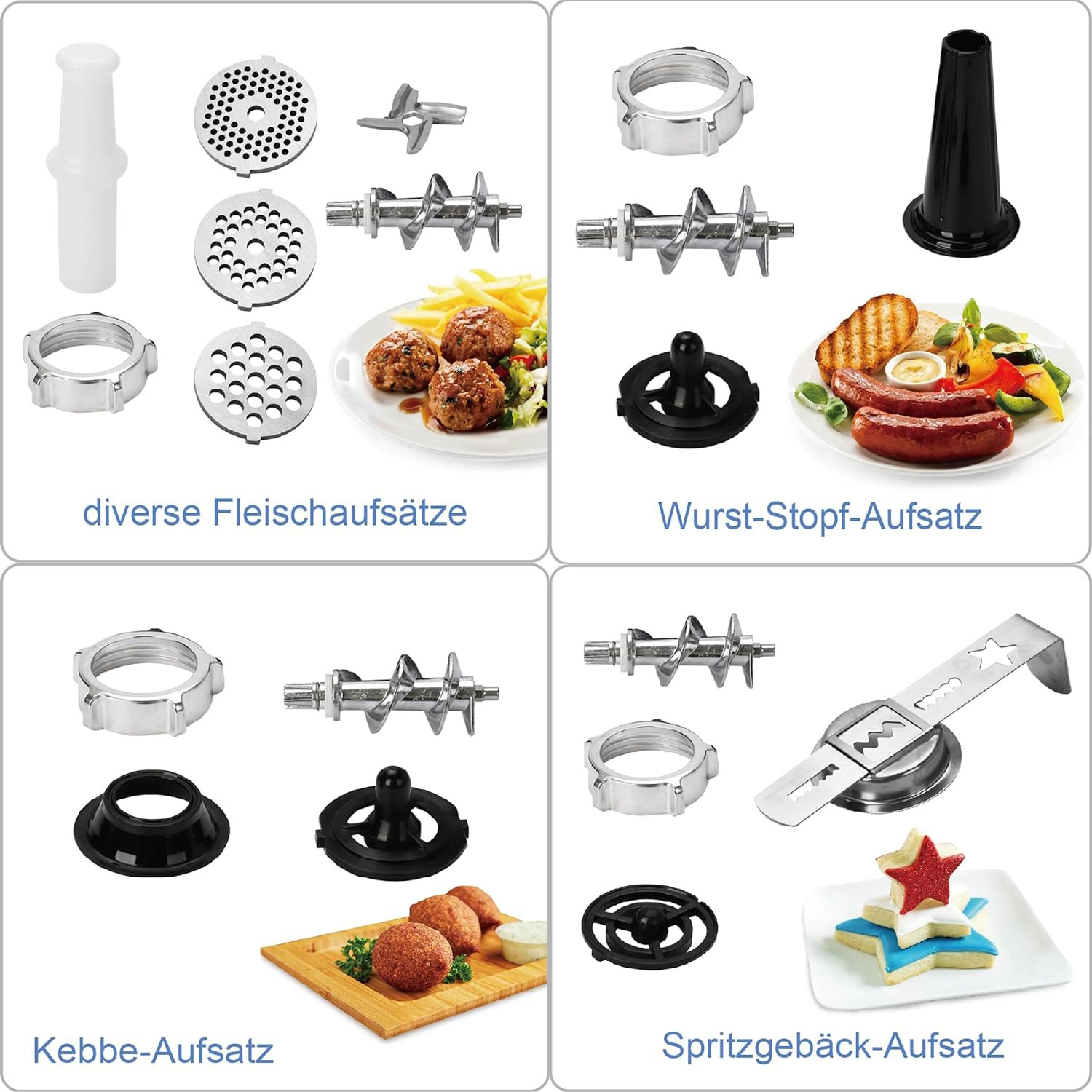 Zbliżenie narzędzi do przygotowywania żywności i przykładów: klopsiki, kiełbasy i ciasteczka.