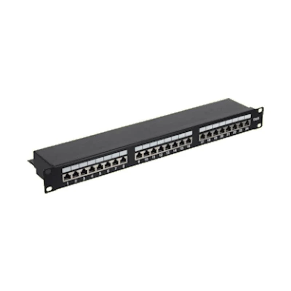 Schwarzes Patchpanel mit RJ45-Anschlüssen auf weißem Hintergrund.