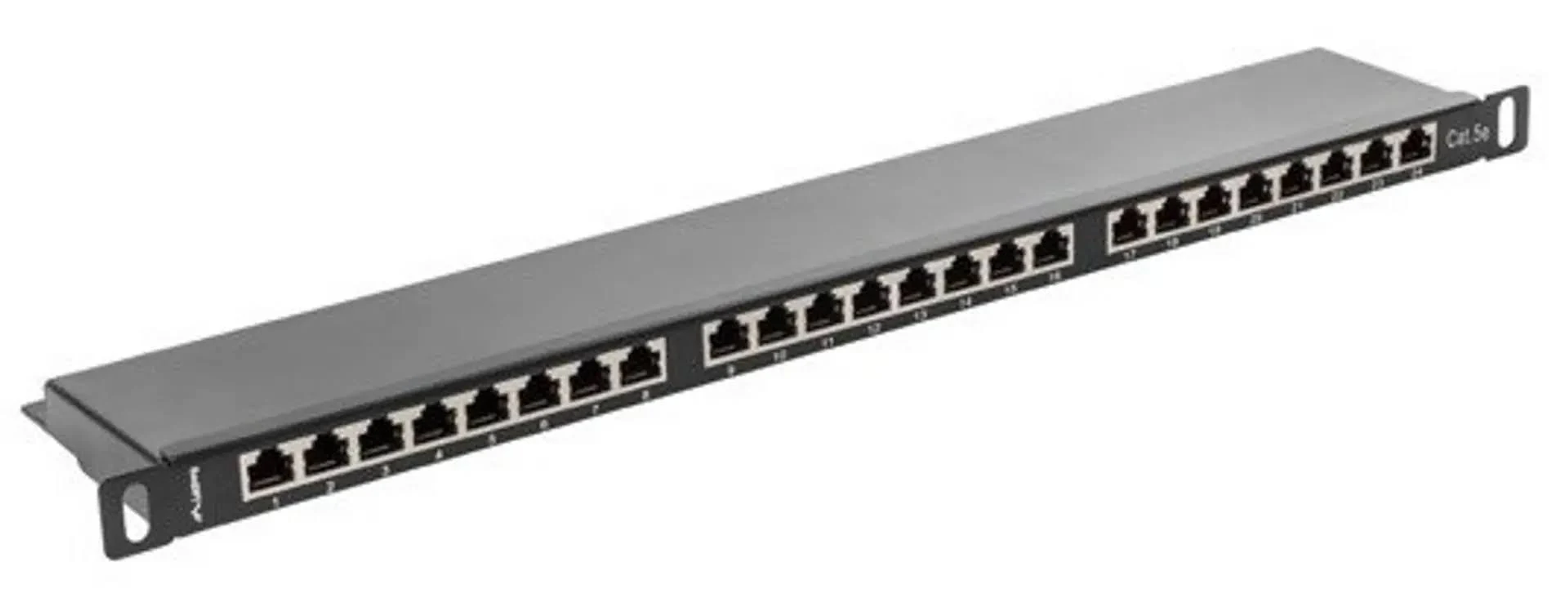 Szary panel krosowniczy z 24 portami, oznaczonymi 1-24 i Cat 5e. Czarne złącza, białe tło.