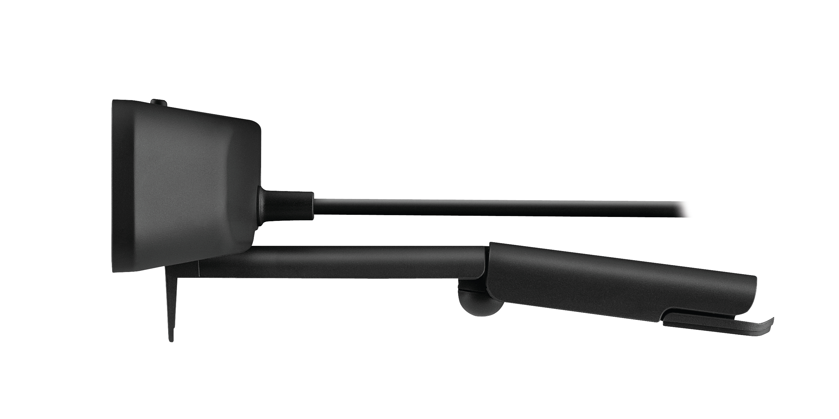 Webcam negra, vista lateral, montada en brazo negro ajustable.