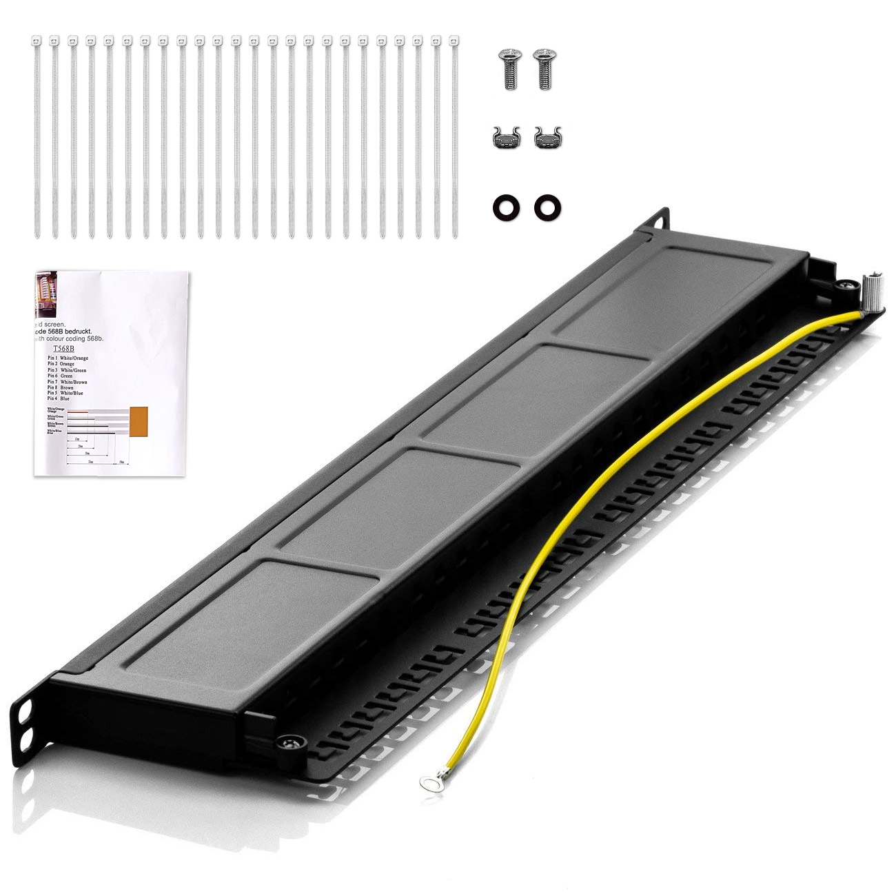 Pannello rack server nero con fascette, viti e un cavo di messa a terra.