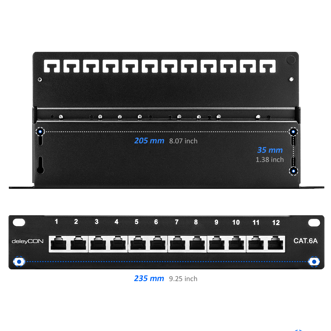 Oben- und Vorderansicht eines schwarzen Patchpanels mit 12 Ports. Blaue Abmessungen sind markiert.
