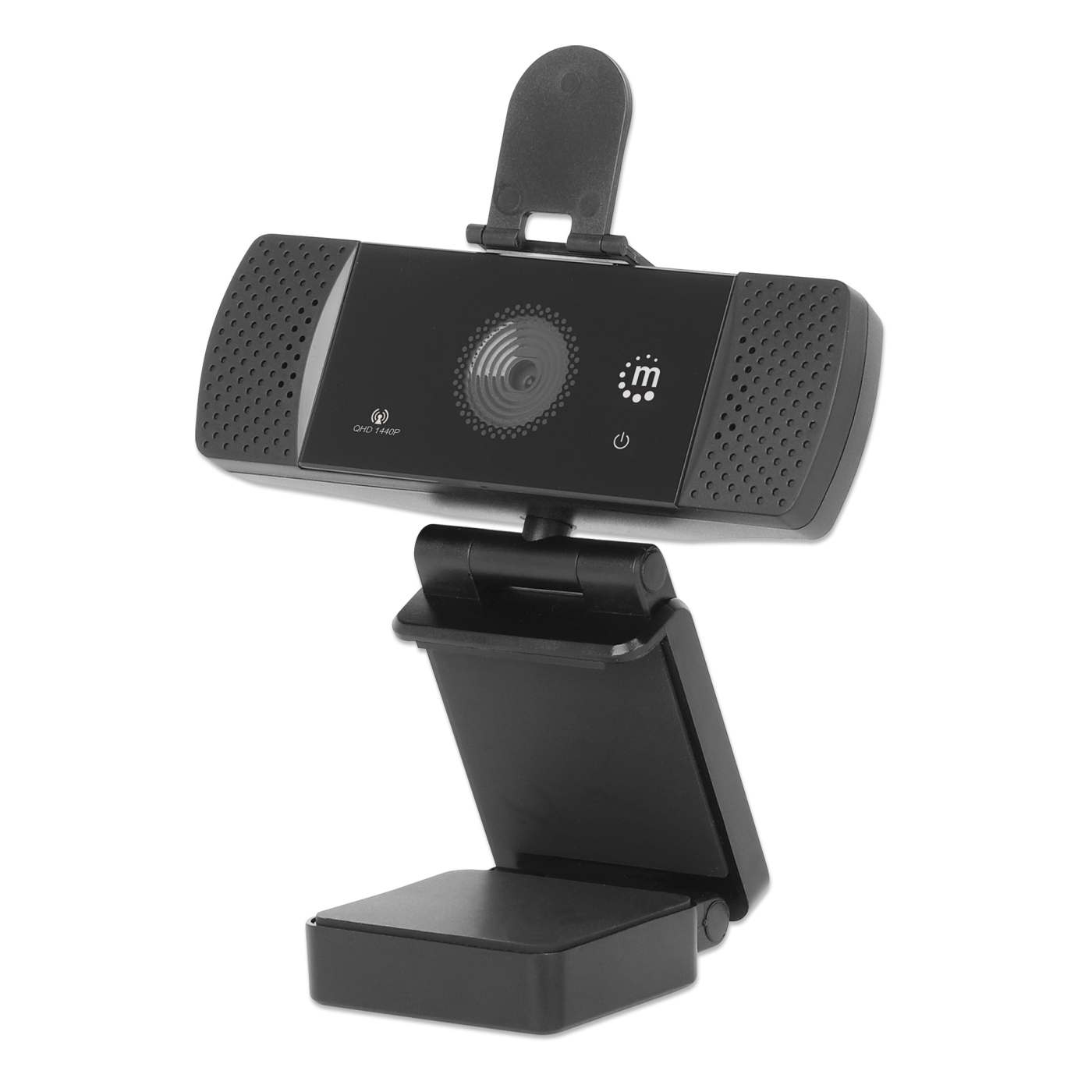 Webcam nera con microfono integrato e supporto. È su uno sfondo bianco.