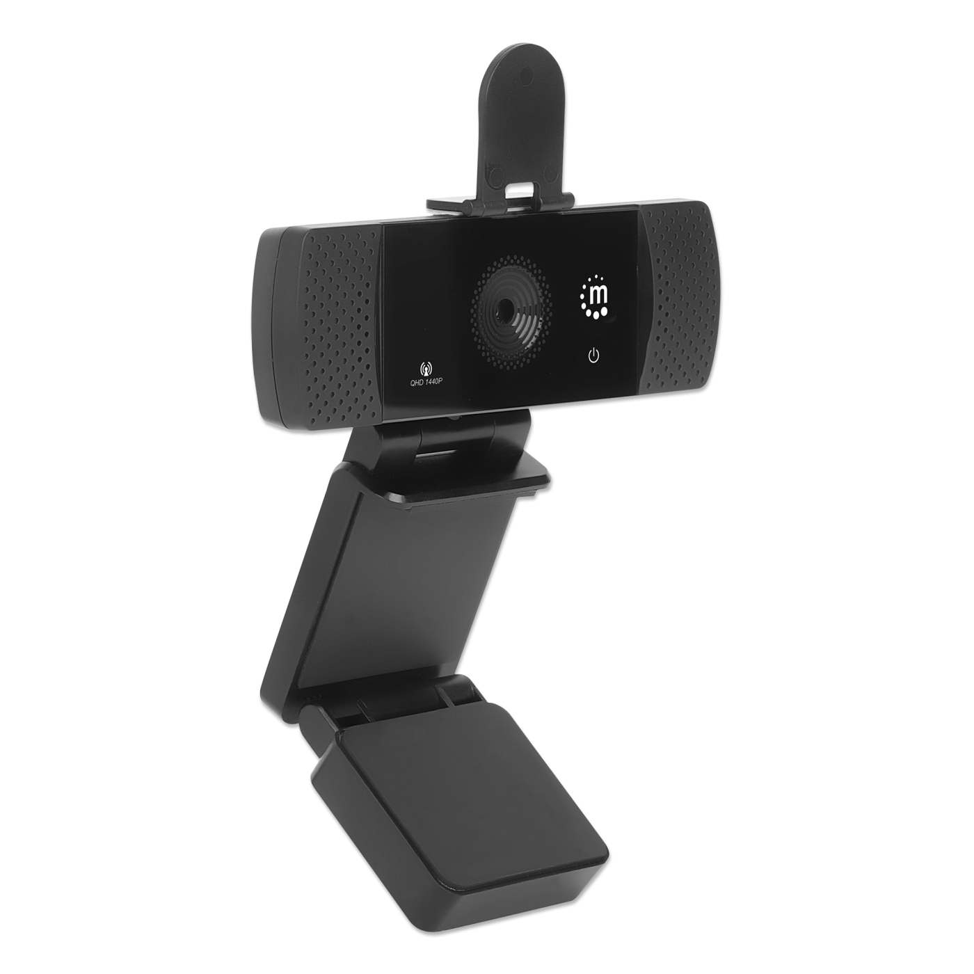 Una webcam nera con supporto rotante. Dispone di un piccolo schermo e un microfono.