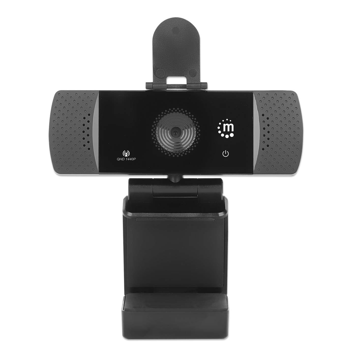 Webcam nera e grigia con base rettangolare, sfondo bianco.
