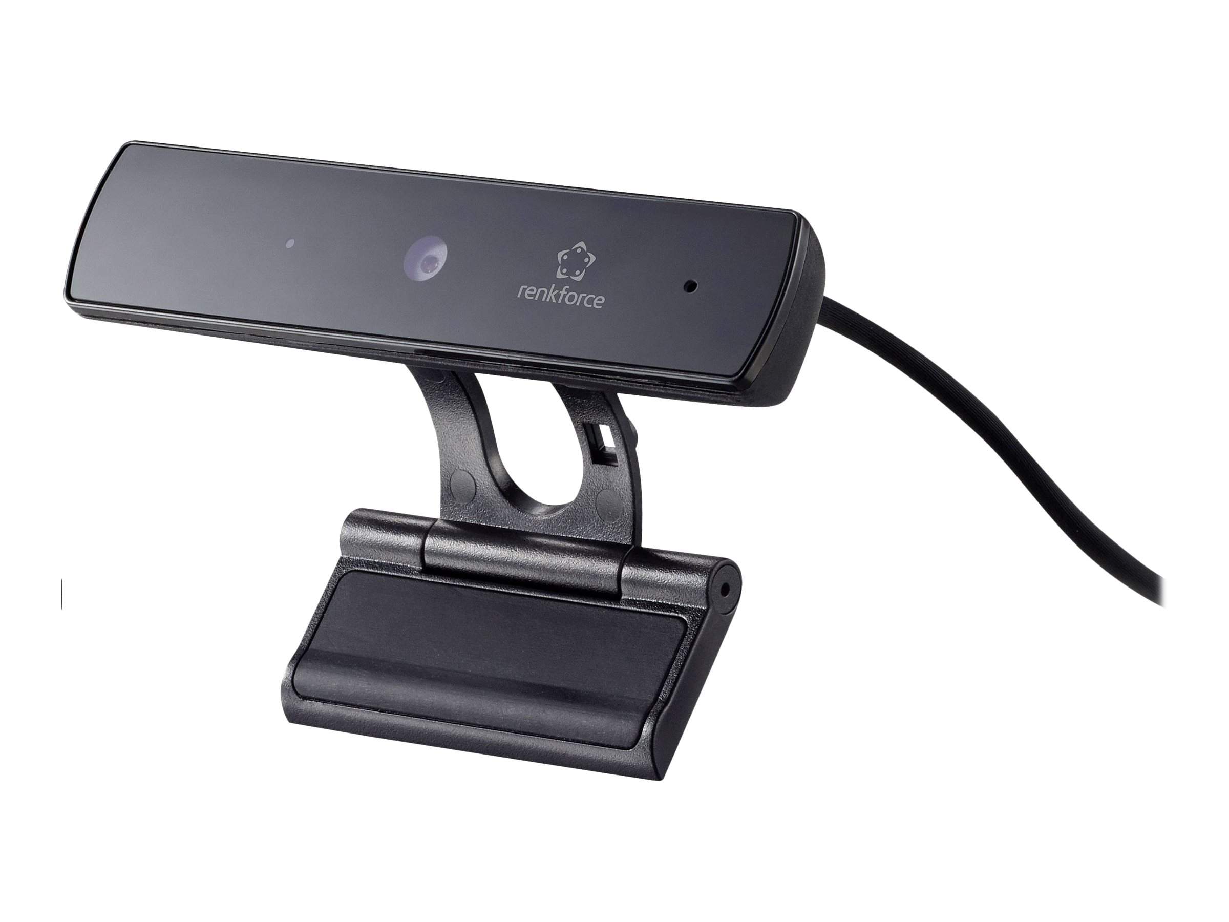 Czarna kamera internetowa o prostokątnym kształcie i pojedynczym obiektywie. Znajduje się na czarnym stojaku i ma kabel.