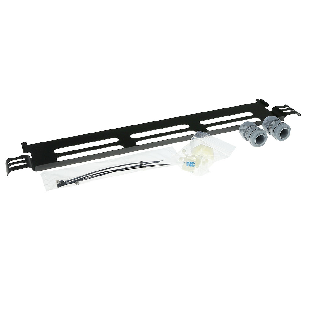 Accessori per montaggio a rack neri con viti e fascette. Include gestione cavi e altri componenti.
