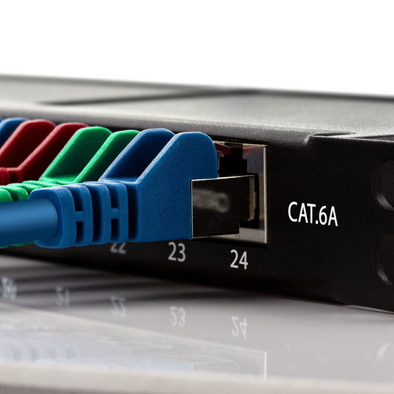 Cavo di rete collegato a uno switch di rete. Il cavo è blu e lo switch ha il testo CAT.6A.