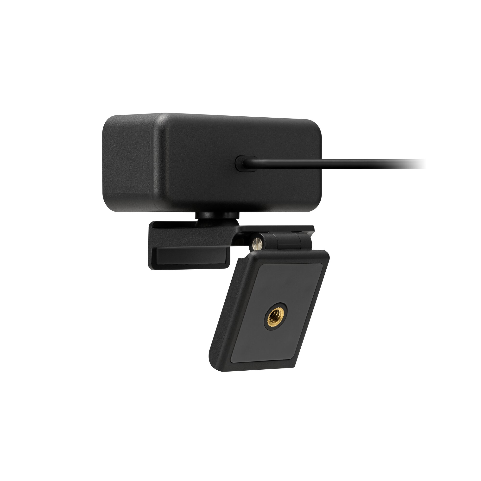 Czarna kamera internetowa ze składanym stojakiem, na białym tle.