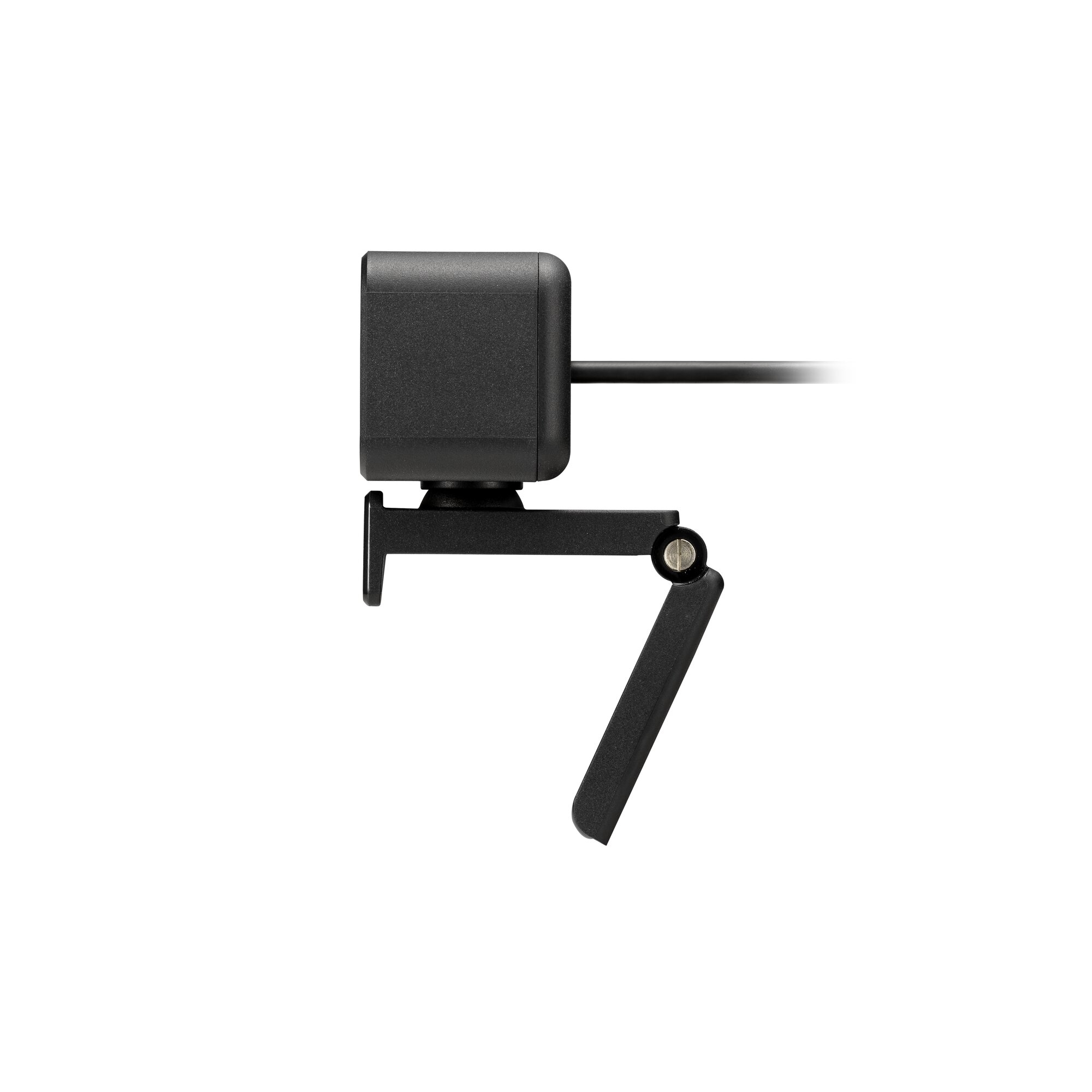 Czarna kamera internetowa ze składanym stojakiem, widok z boku, na białym tle.