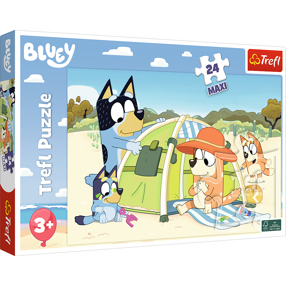 Pudełko z puzzlami Bluey z postaciami na kempingu, 24 elementy.