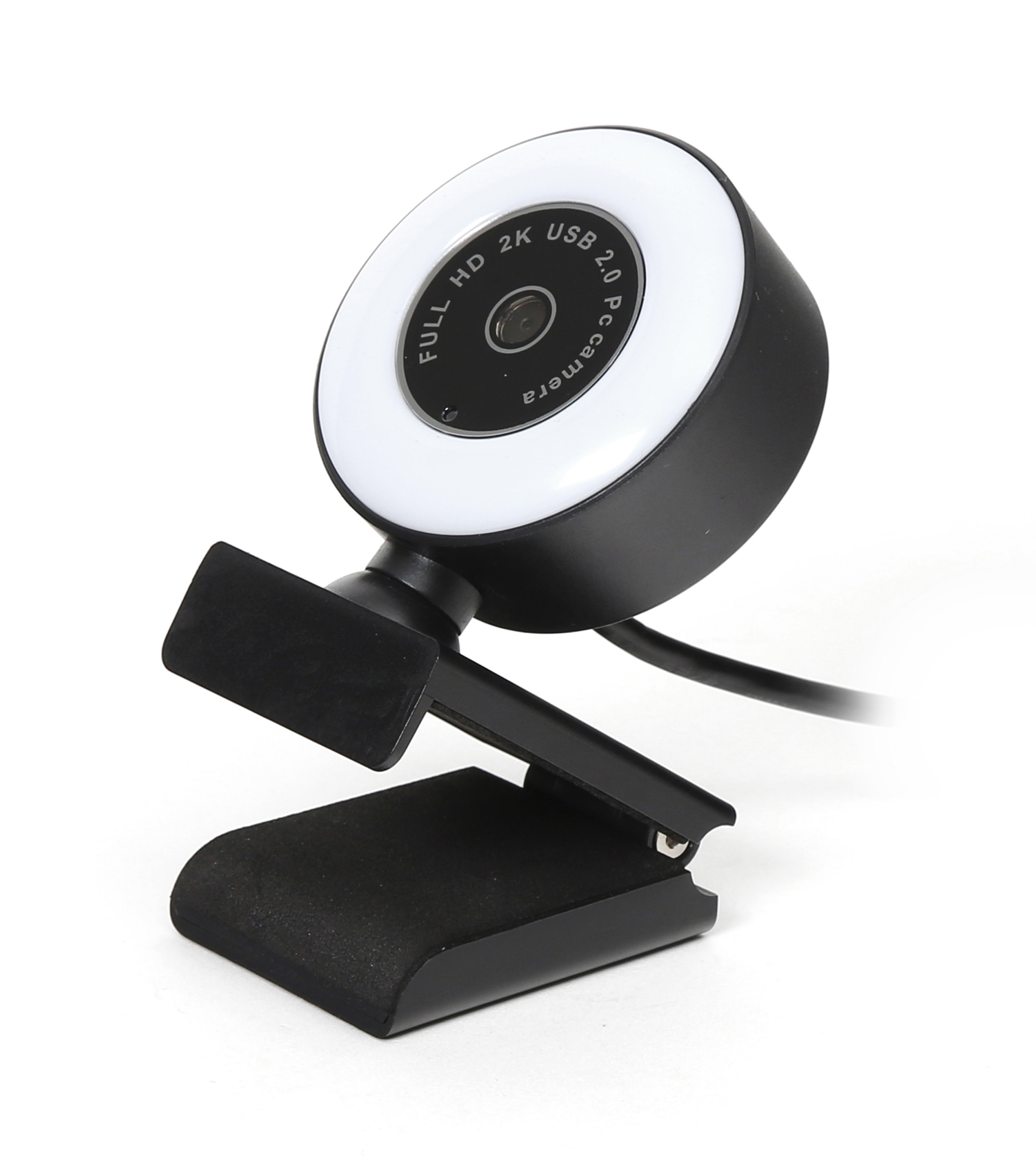 Zwart-witte webcam met een cirkelvormig licht. Het heeft een clip om aan een scherm te bevestigen.