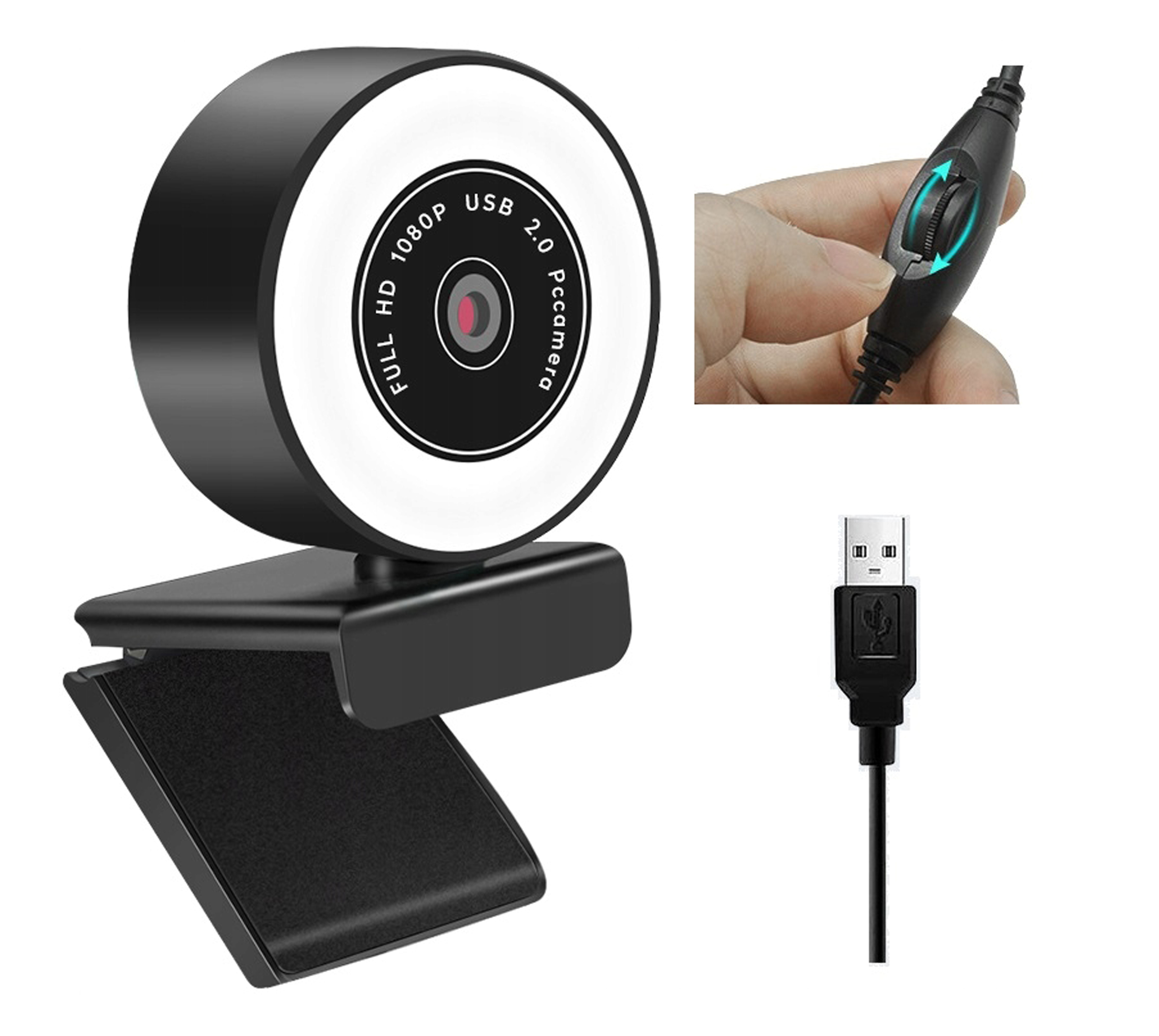 Een zwarte USB-webcam met een ringlicht. Een hand verstelt een draaiknop op de kabel. Een USB-kabel wordt ook getoond.
