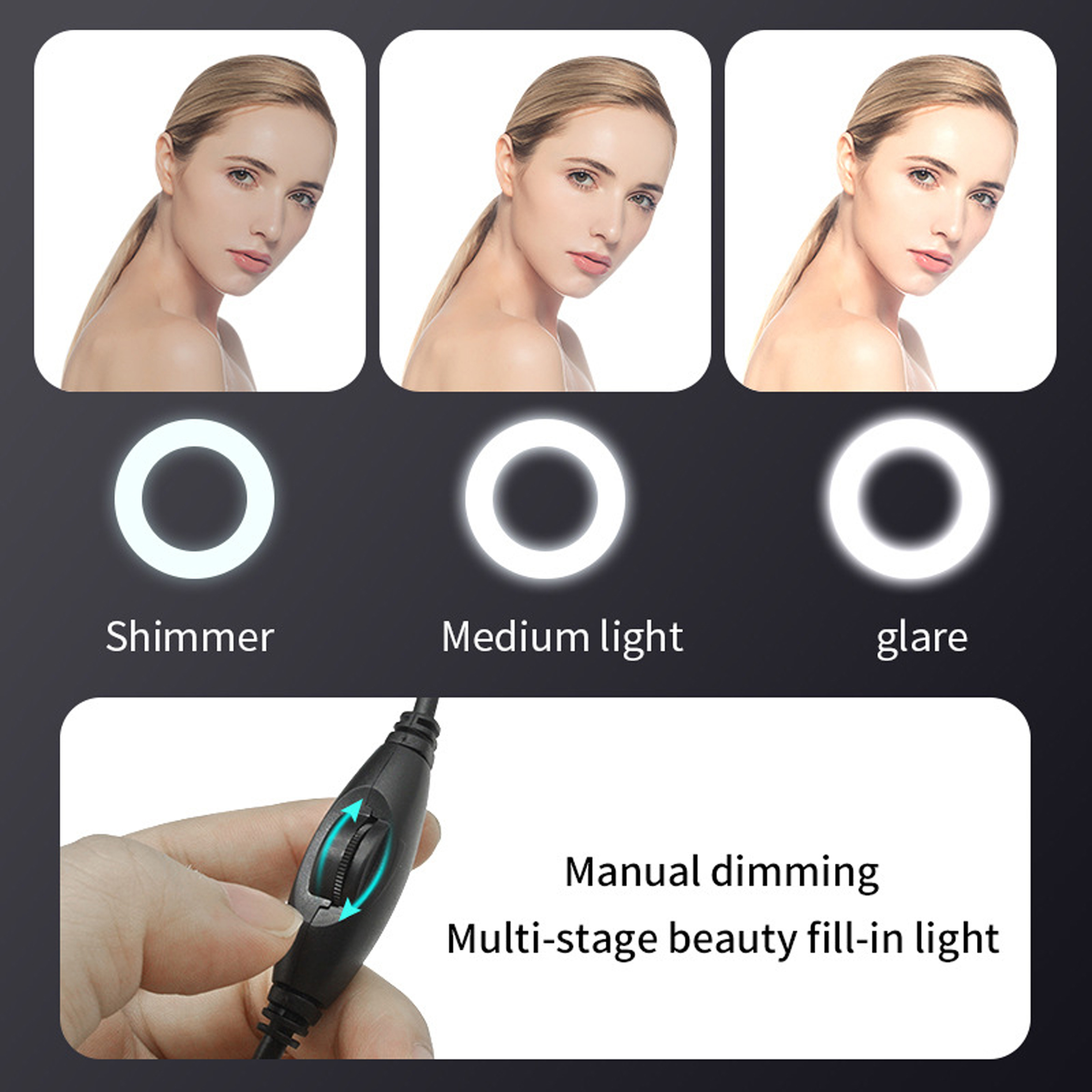 Een beauty ring light. Drie afbeeldingen tonen lichtinstellingen: glans, gemiddeld licht en schittering. Een hand past de dimmer aan.