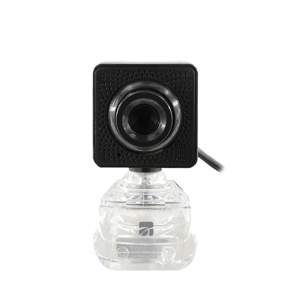 Webcam nera con testa quadrata su base trasparente.