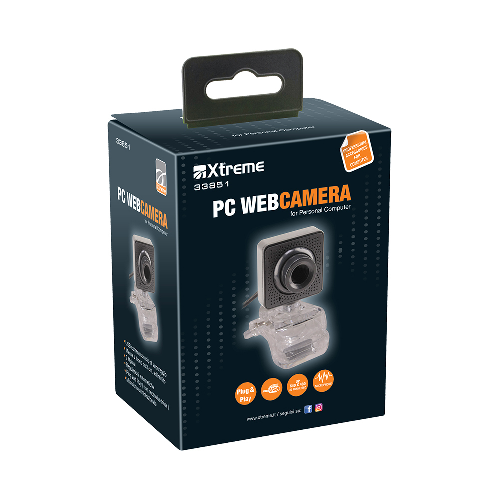 Una scatola di webcam con la fotocamera esposta. La scatola è scura con informazioni sul prodotto.