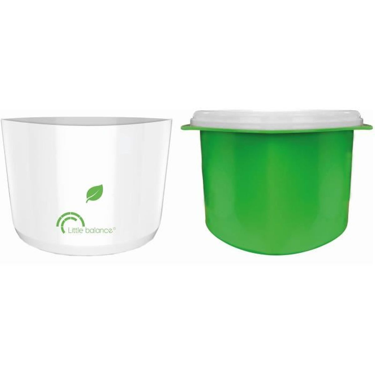 Dwie białe części maszyny do lodów. Zielona część ma pokrywę. Białe tło.