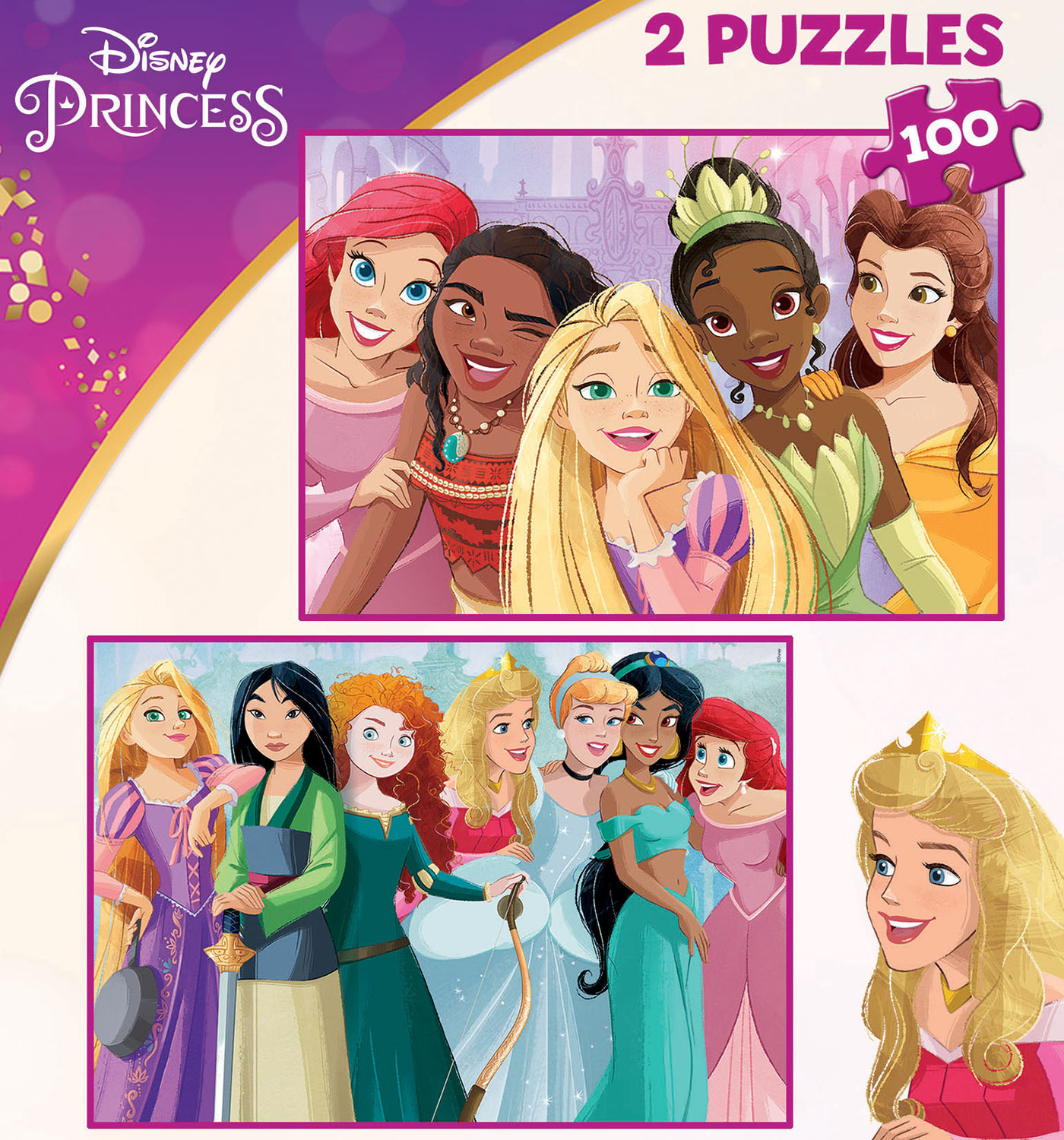 Pudełko z puzzlami Disney Princess, dwa obrazy księżniczek, po 100 elementów, marka Educa.