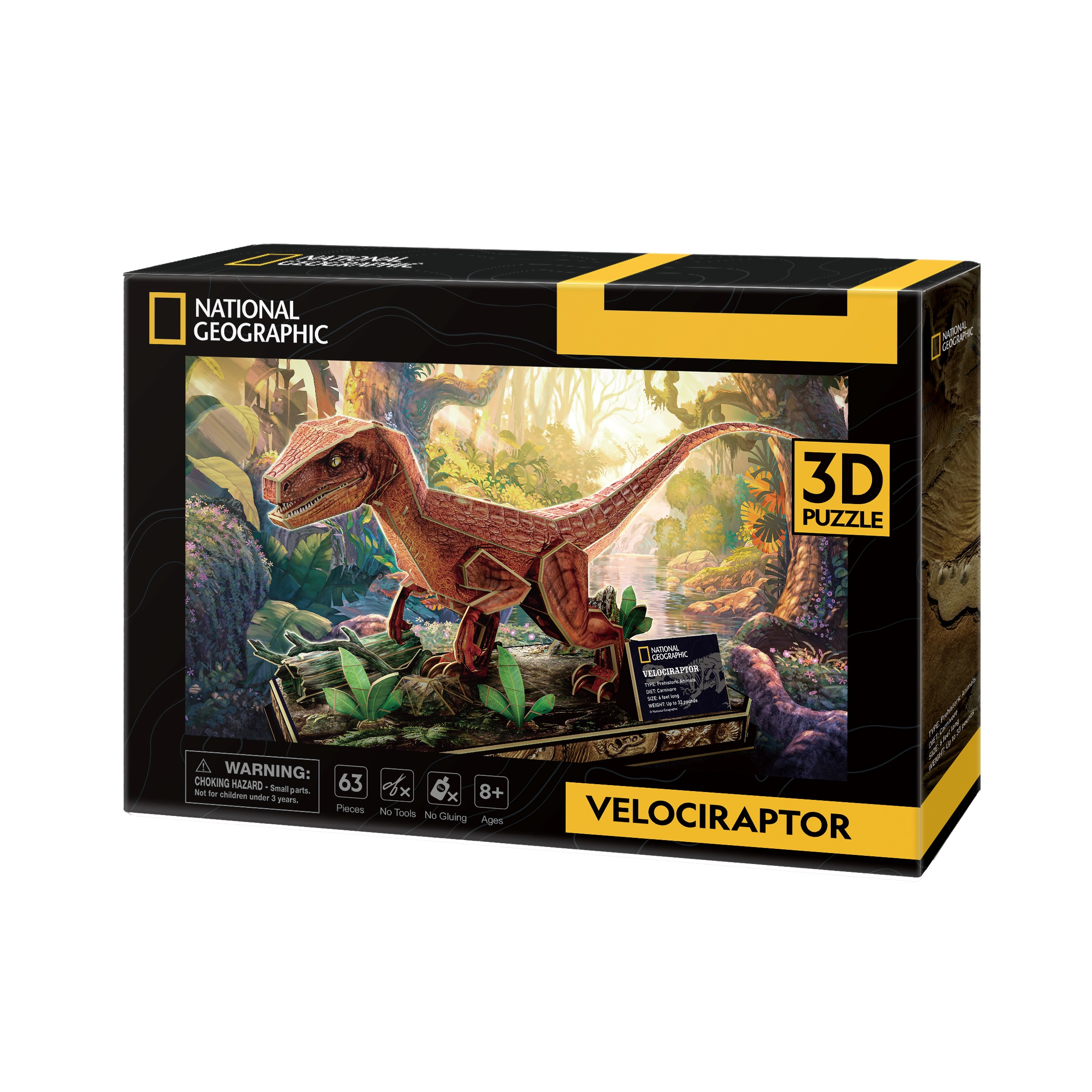 A 3D Velociraptor puzzle box. The box shows the dinosaur in a jungle scene. It is for ages 8+.