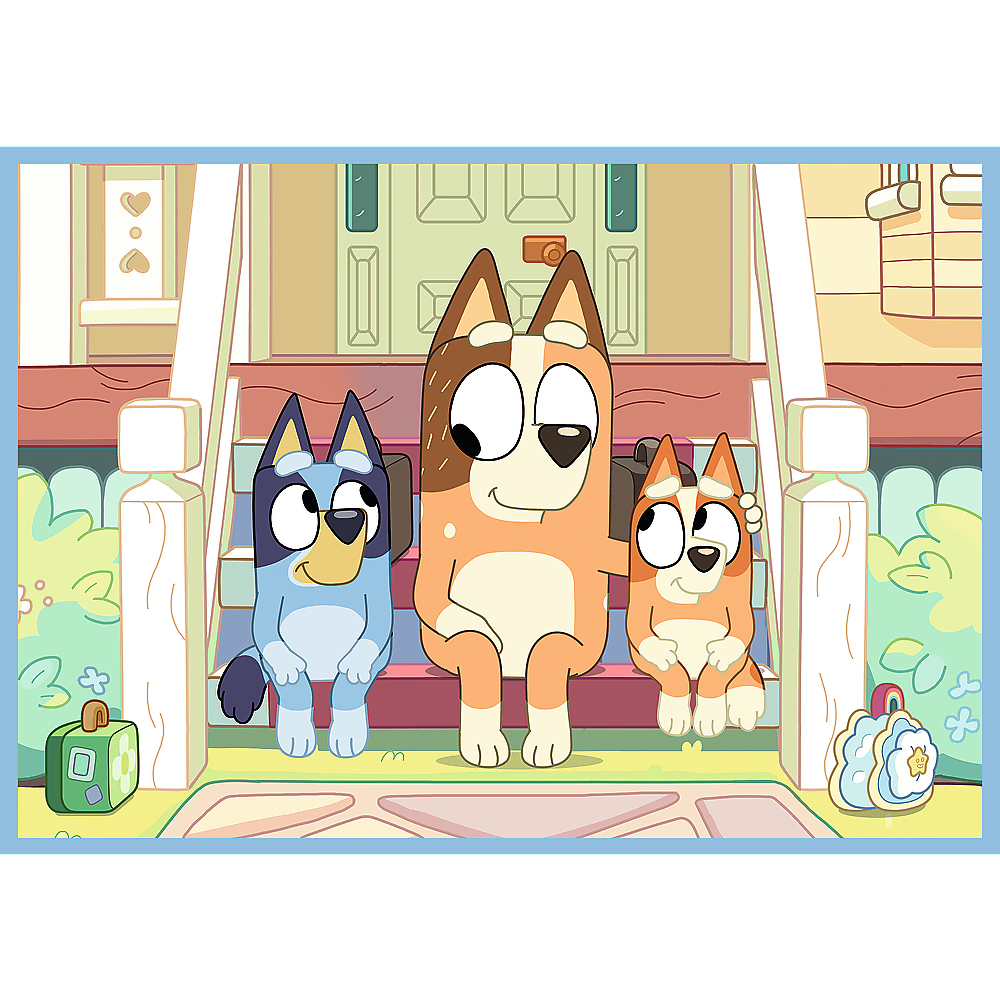 Bluey i rodzina, stojący na schodach werandy, uśmiechający się do kamery.
