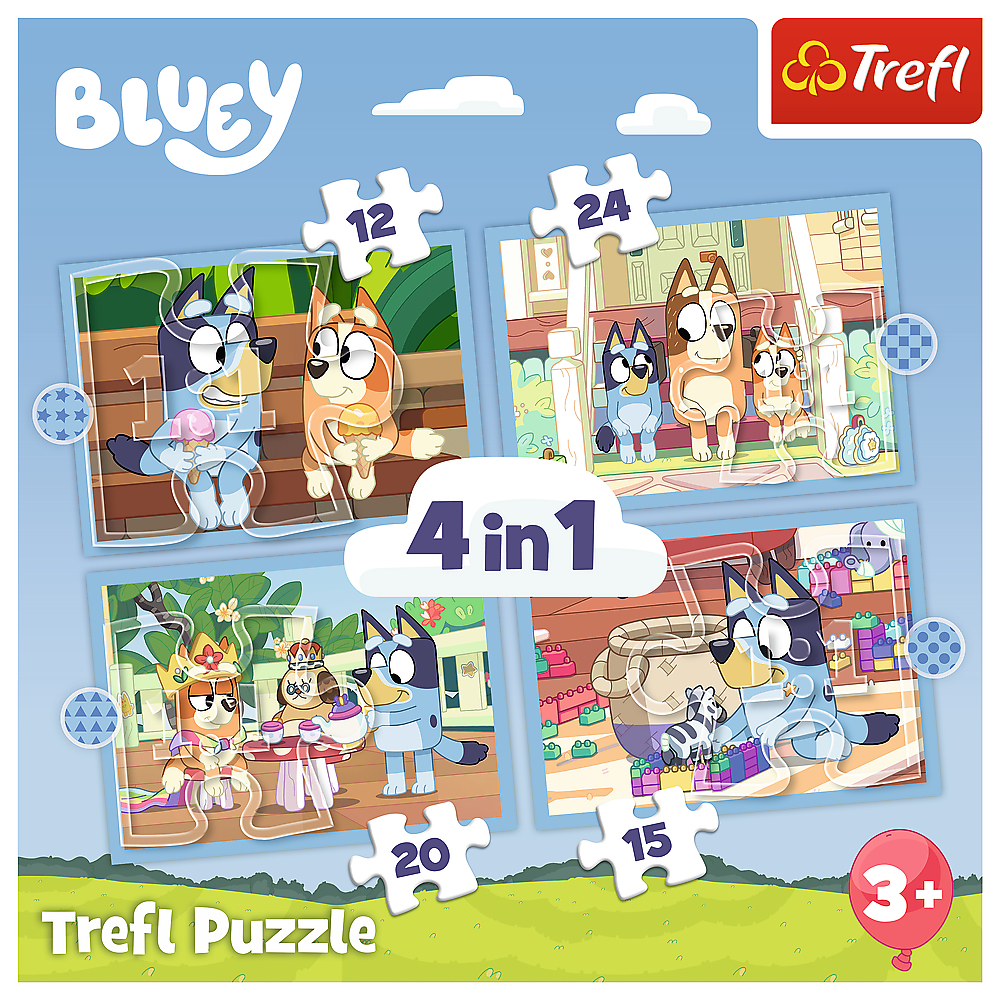 Pudełko z puzzlami Bluey pokazujące cztery różne sceny z postaciami Bluey.
