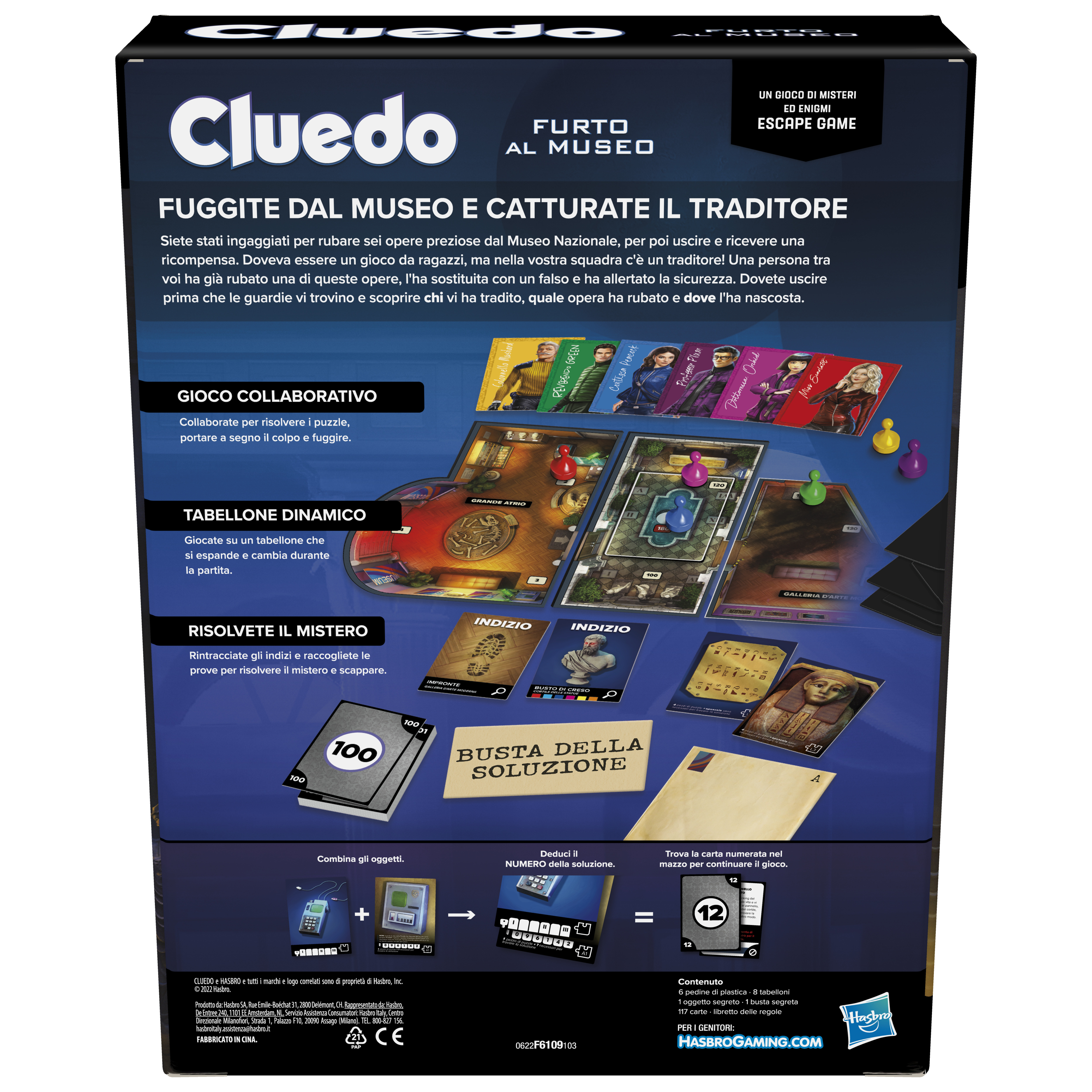 Cluedo-Brettspielbox. Die Vorderseite zeigt ein Museum bei Nacht mit einem Dinosaurierskelett. Text auf Italienisch.