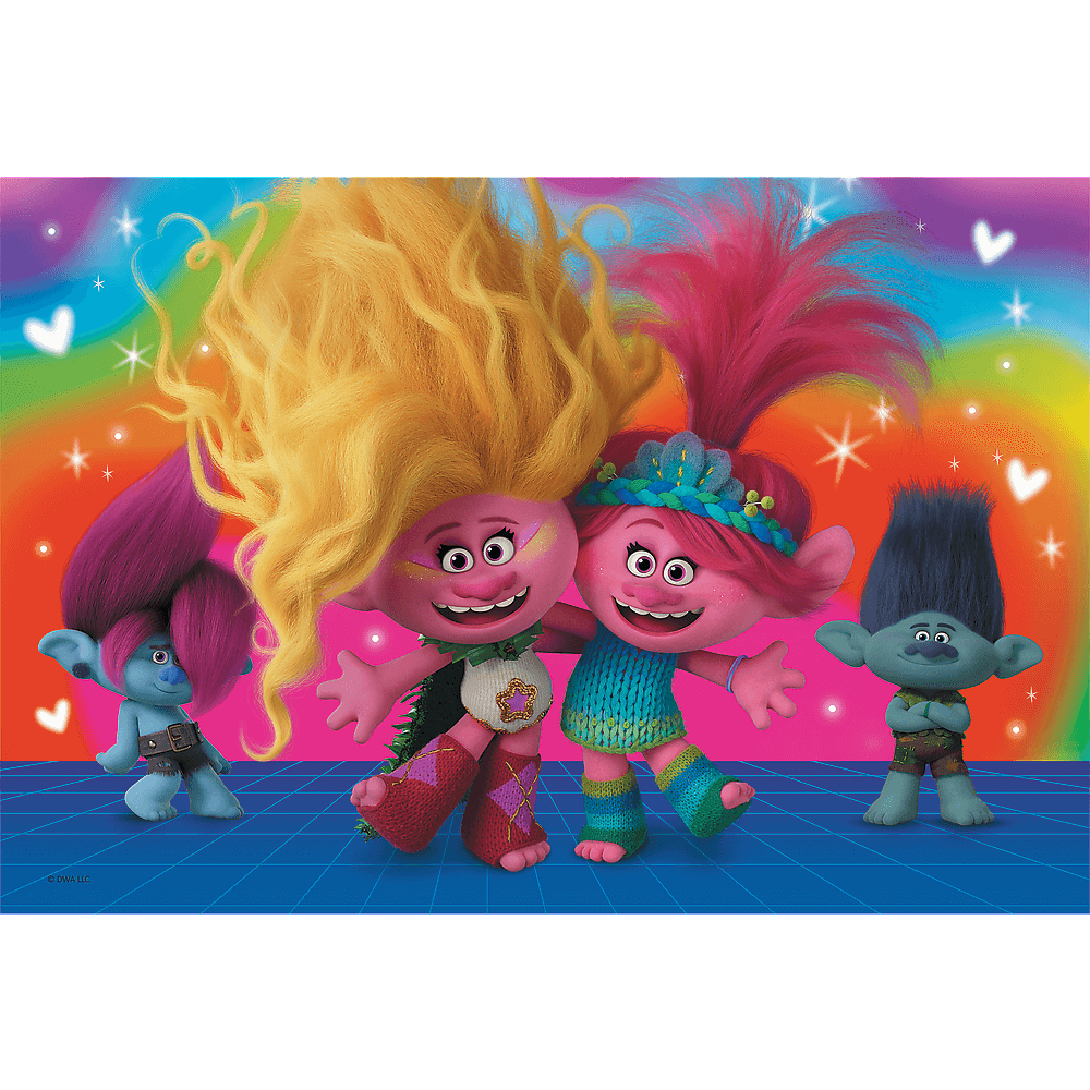A Trolls puzzle with four Trolls characters, a rainbow backdrop, and a blue checkered floor. The image is colorful.