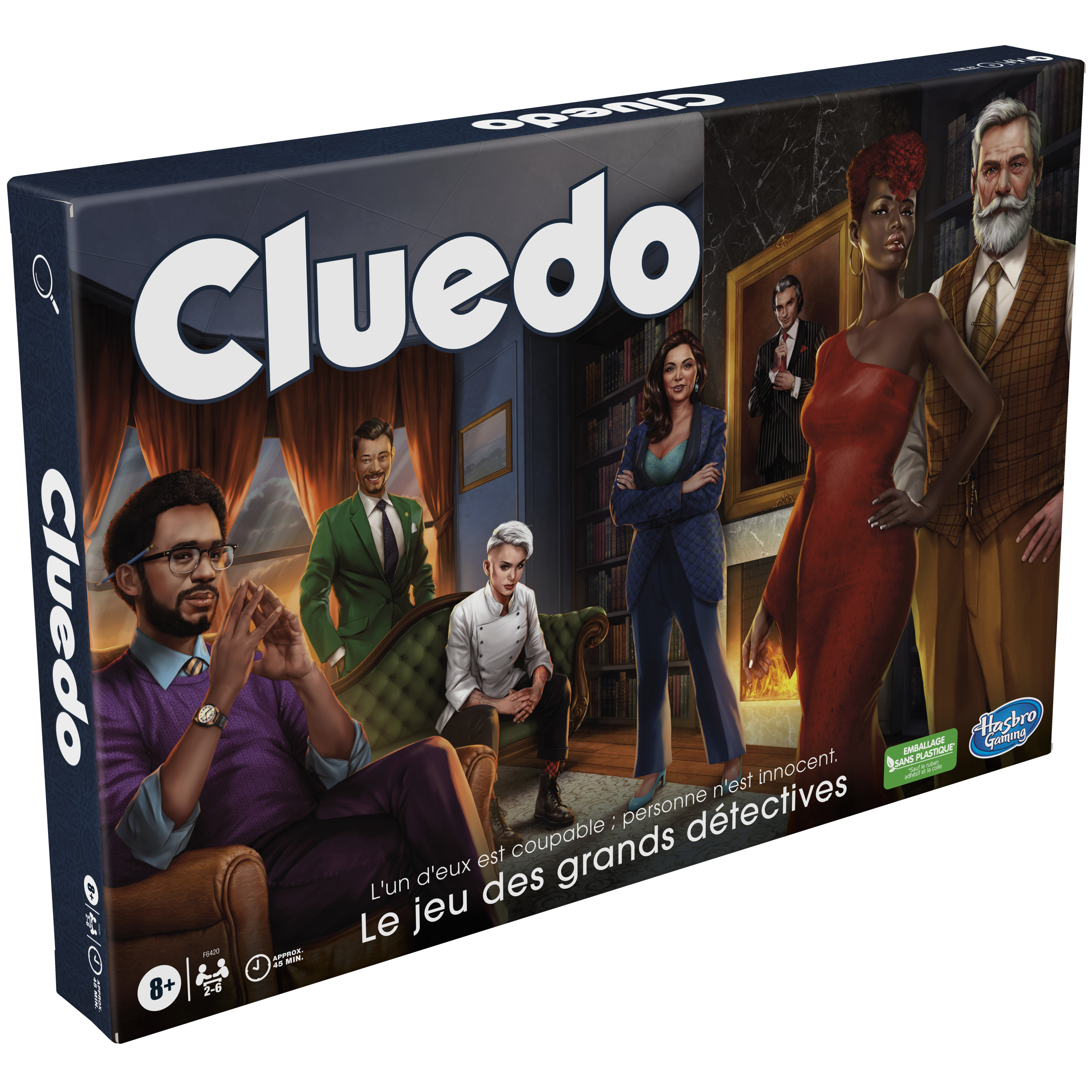 Pudełko gry planszowej Cluedo z postaciami na froncie, ludźmi i salonem.