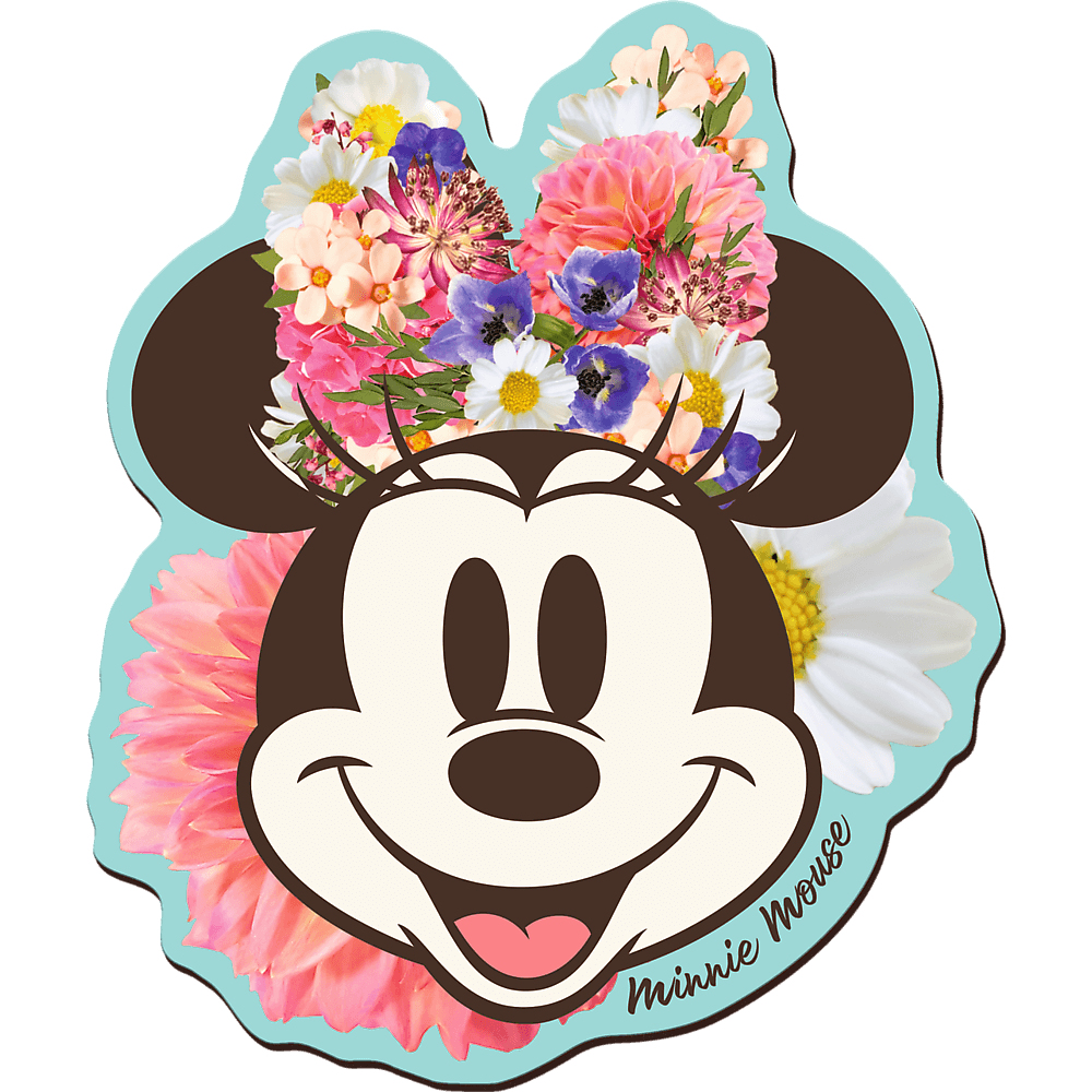 Minnie Mouse face made of flowers, on a blue background with Minnie Mouse text.