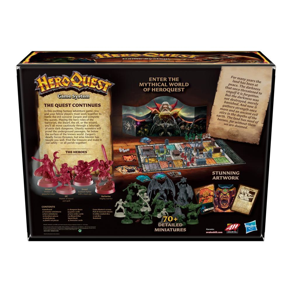 Caja del juego HeroQuest. El frente muestra componentes, figuras y héroes. La parte trasera tiene arte y texto sobre el juego.
