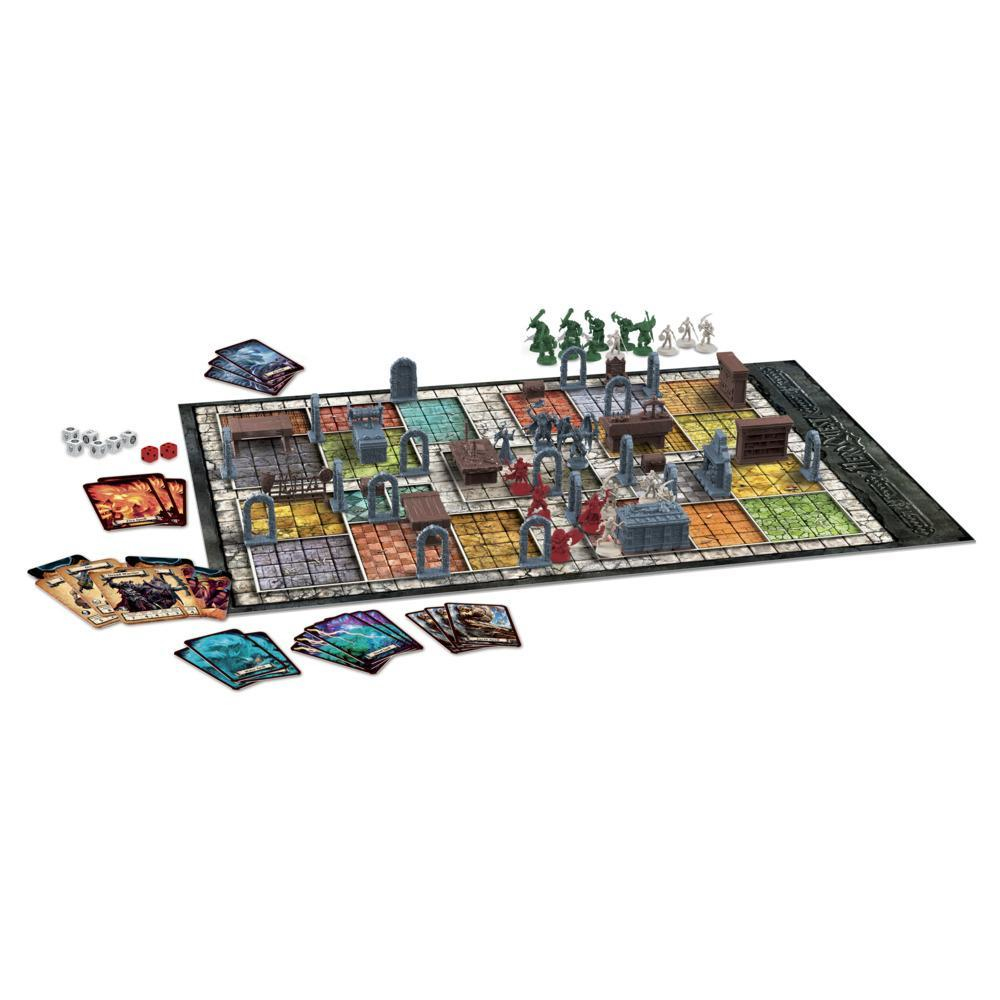 Una configuración de juego de mesa con un tablero, cartas, dados y piezas de juego. El diseño está listo para jugar.