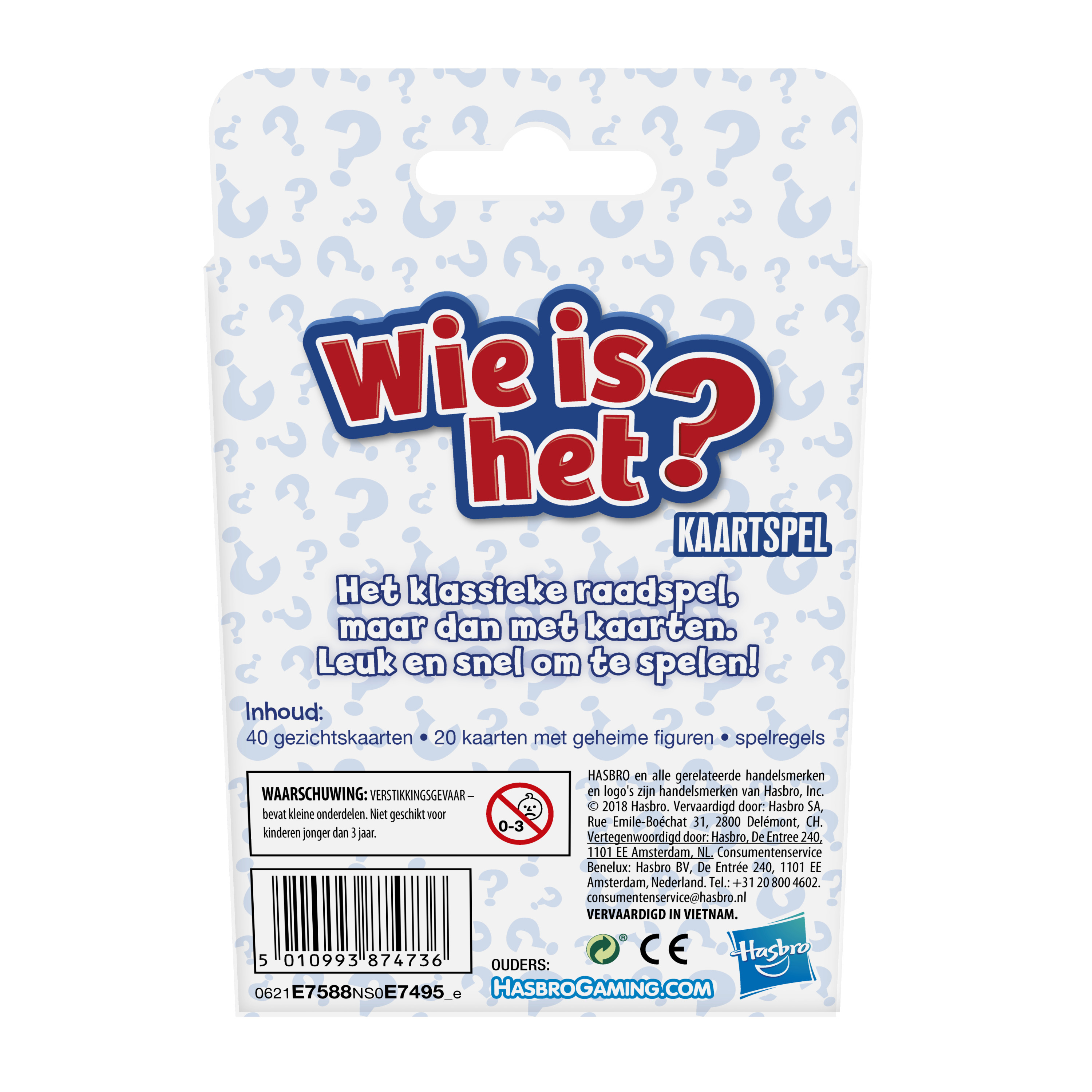 Die Rückseite einer Kartenspielschachtel. Text auf Niederländisch. Enthält den Spieletitel und eine Warnung.