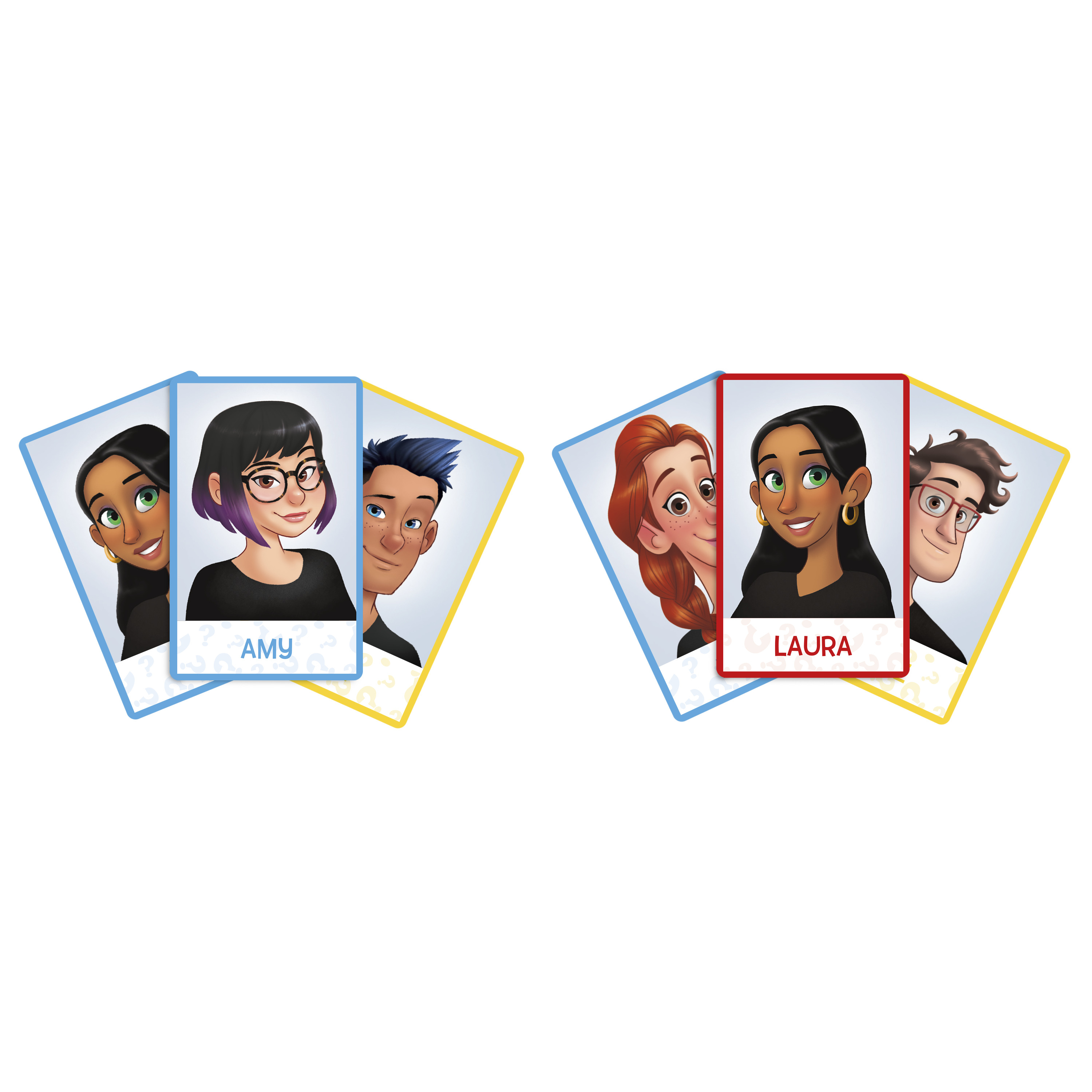 Kartenspiel: Vier Karten mit Cartoon-Gesichtern, Namen 'Amy' und 'Laura' werden gezeigt.