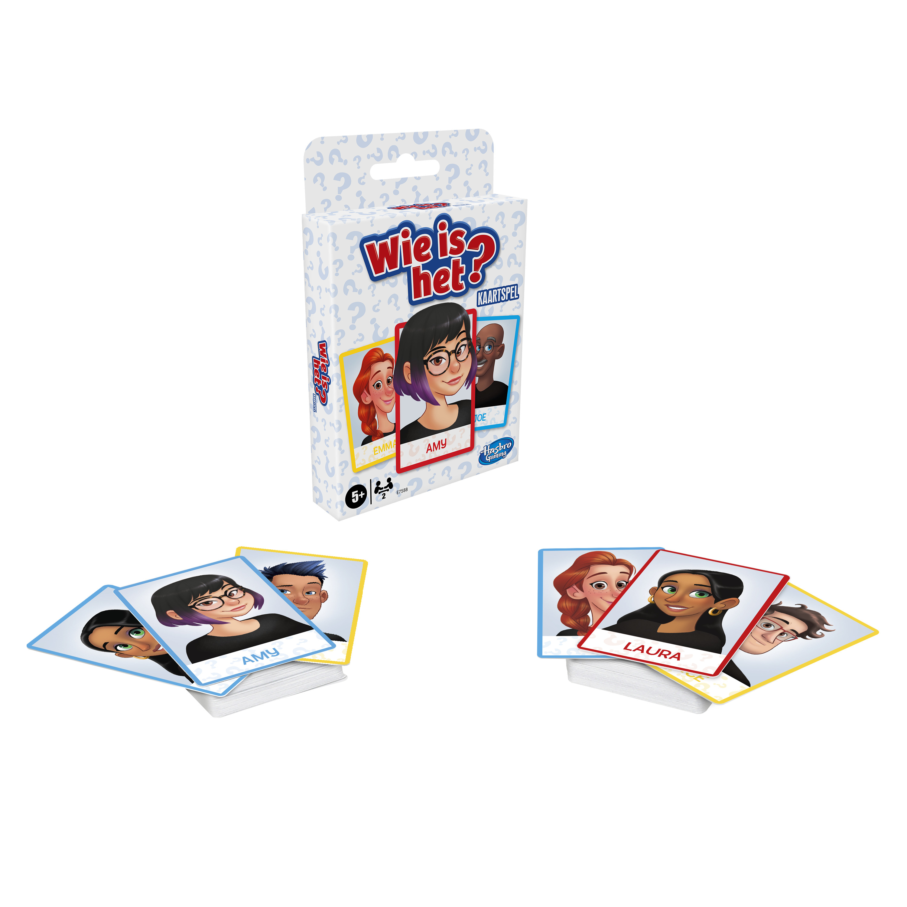 Spielbox und Karten von „Wer ist es?“ Die Karten zeigen Gesichter. Box zeigt Gesichter.