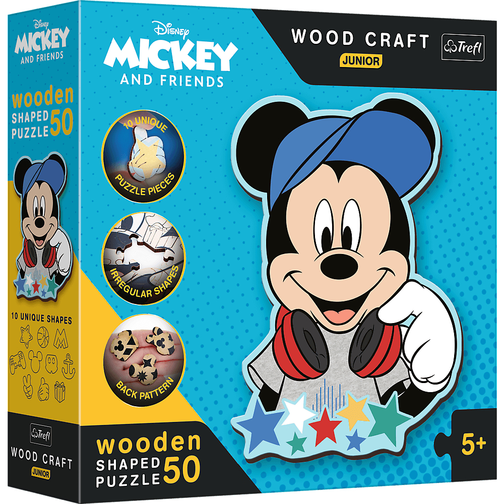 Boîte de puzzle en bois Mickey Mouse avec les personnages de Mickey and Friends. La boîte est bleue et blanche.