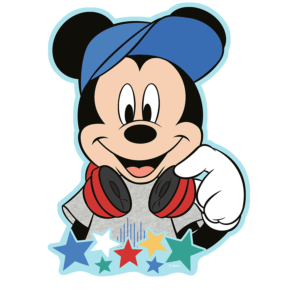 Mickey Mouse avec une casquette bleue et un casque. Il est entouré d'étoiles.